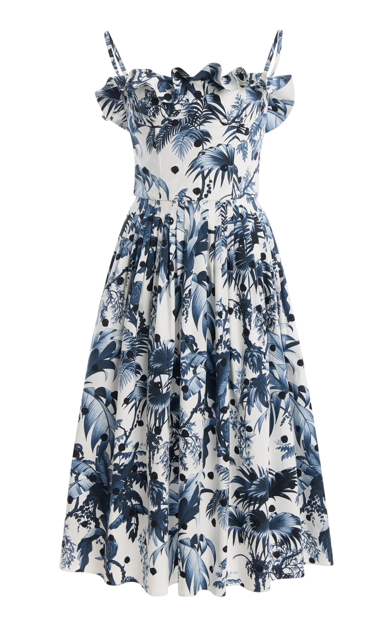 Dotted-Palms-Printed Stretch Cotton-Poplin Midi Dress navy - 1