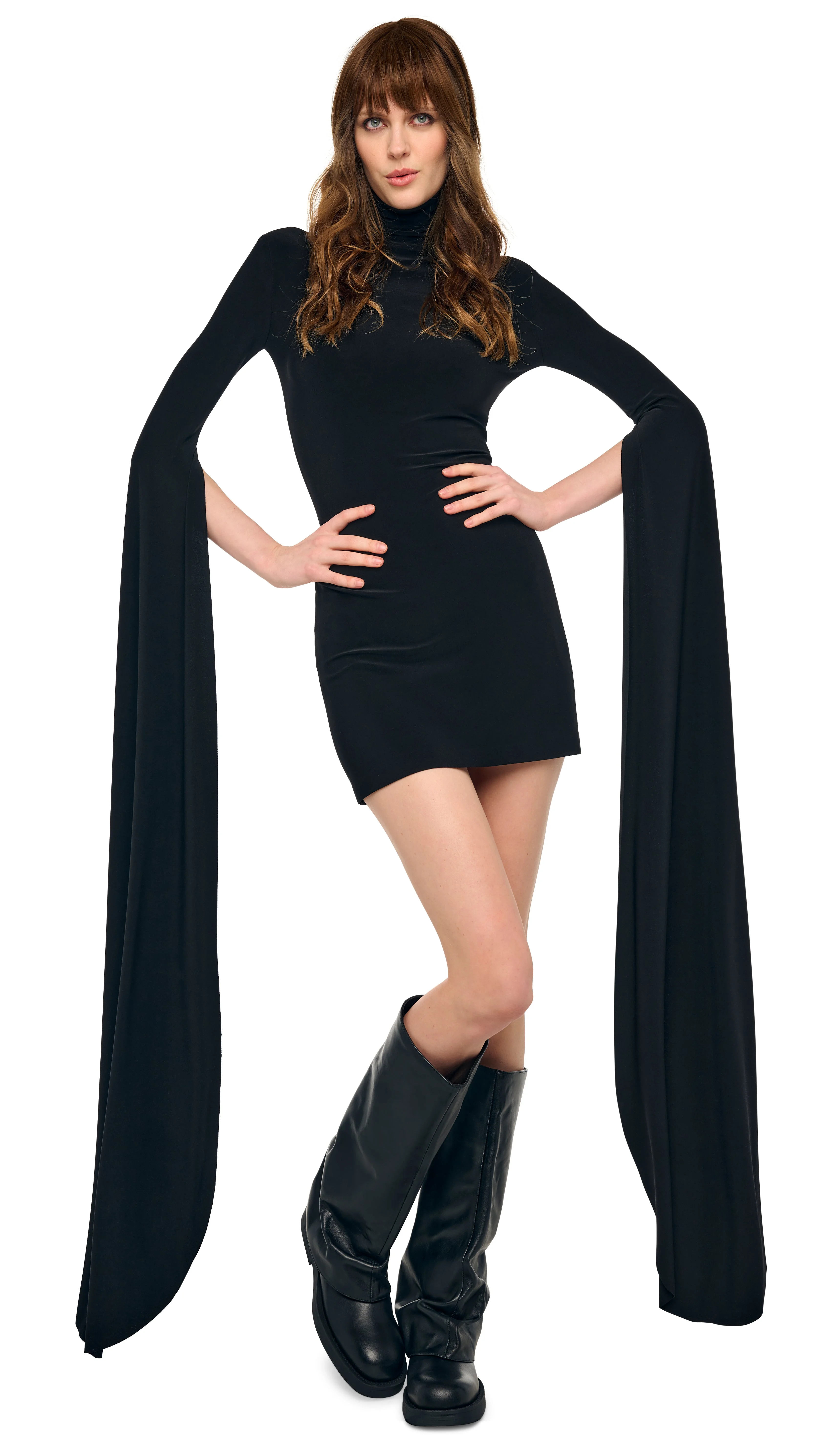 RIBBON SLEEVE TURTLENECK MINI DRESS - 1
