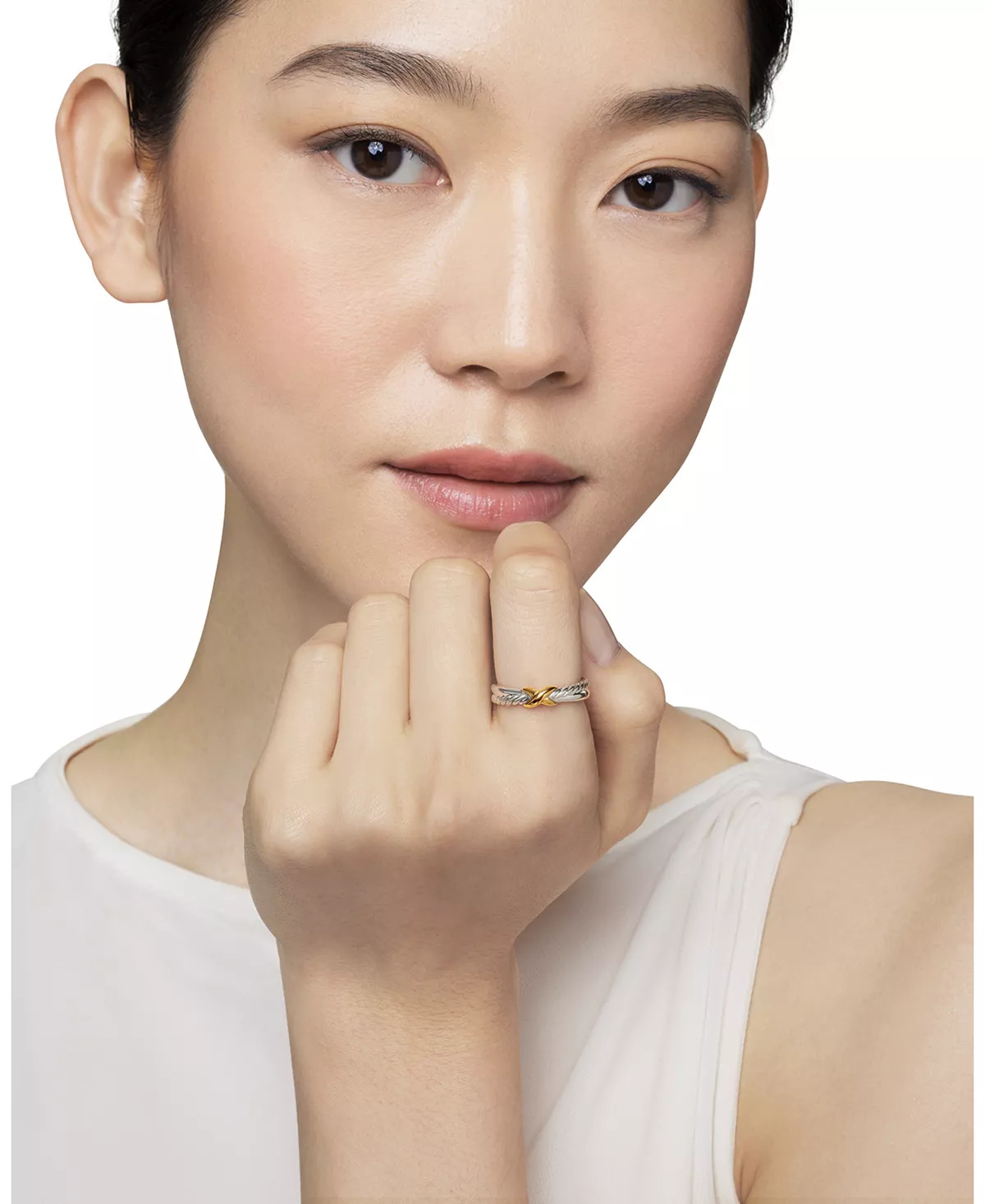 Petite X Ring in Sterling Silver with 18K Yellow Gold, 4mm - 2