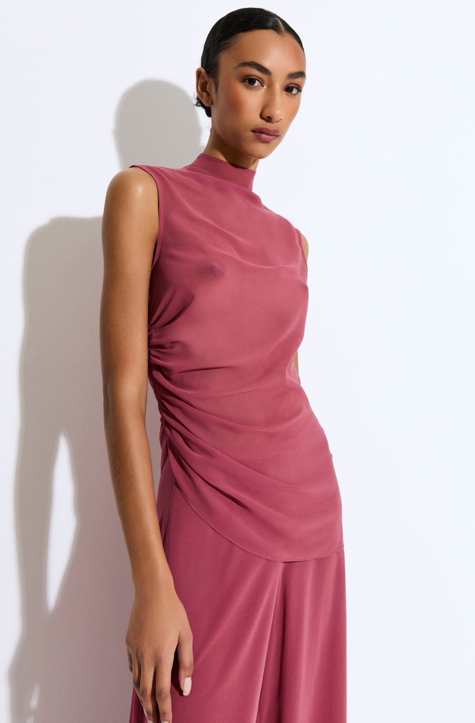 Lightweight Georgette Mock Neck Ruched Top - 4