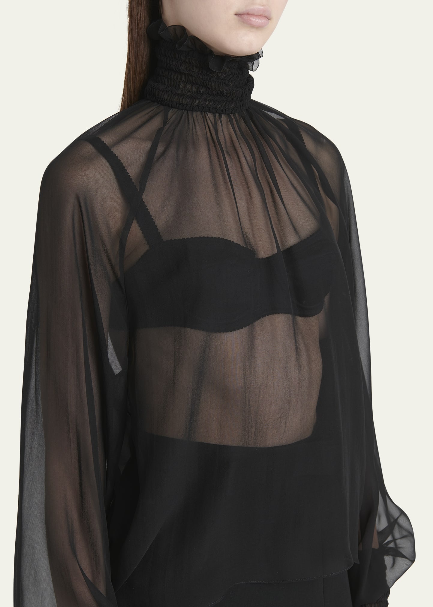 Sheer Chiffon Smocked Blouse - 5