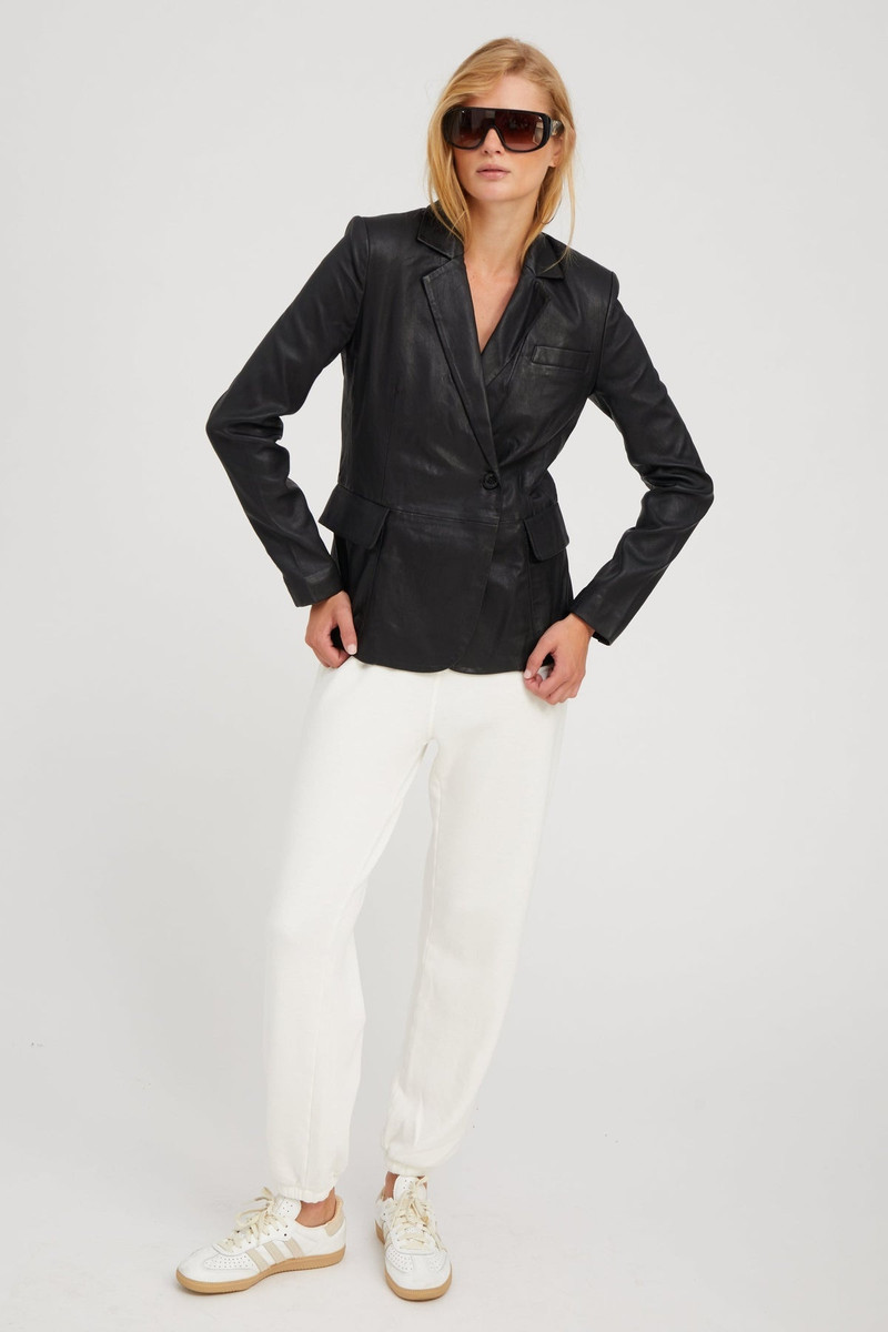 SPRWMN BLACK LEATHER FITTED BLAZER outlook