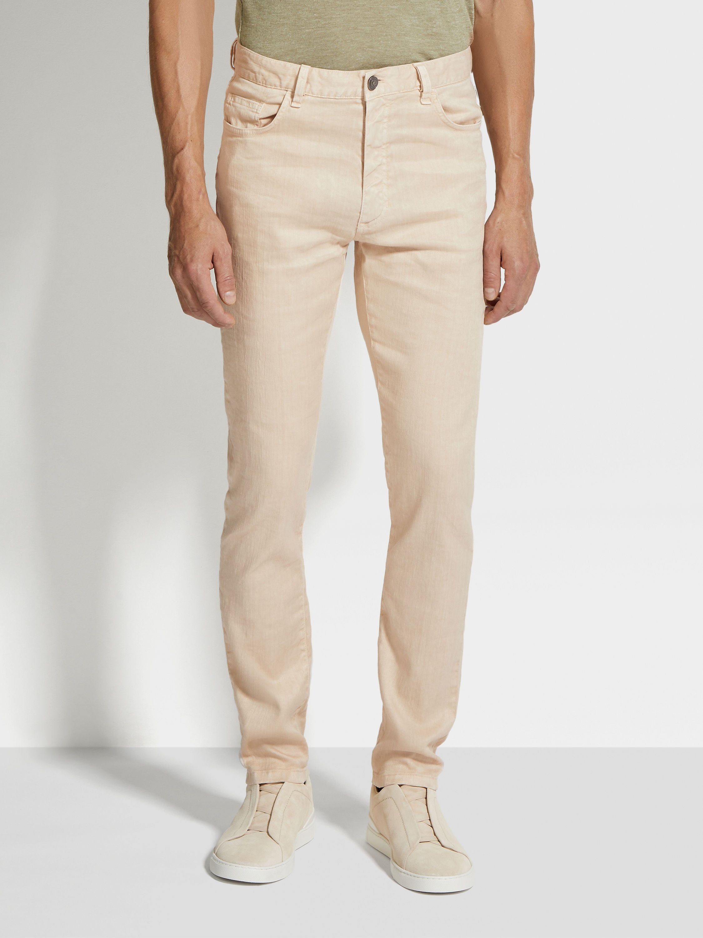 LIGHT BEIGE STRETCH LINEN AND COTTON ROCCIA JEANS - 4