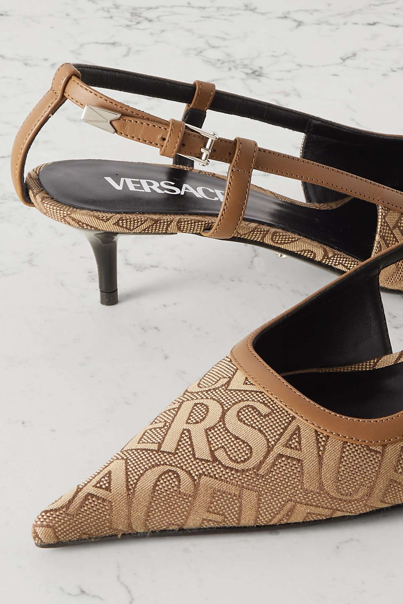 Leather-trimmed logo-jacquard canvas slingback pumps - 4