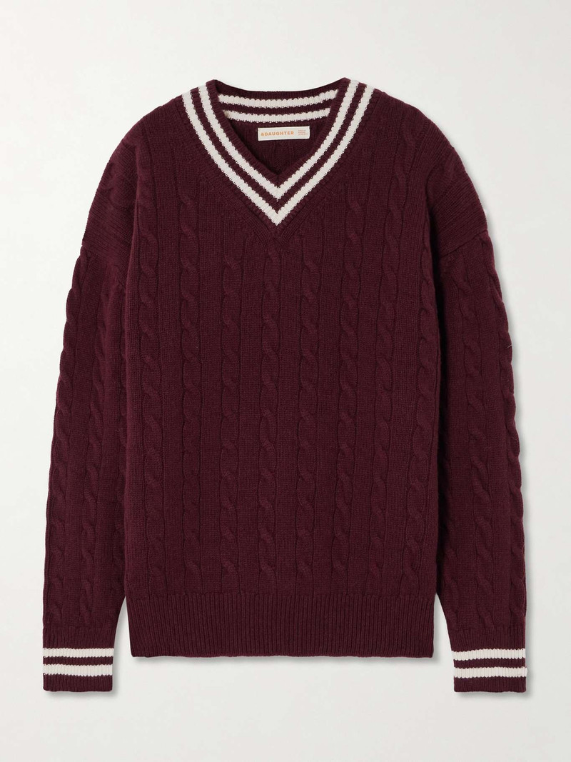 Striped cable-knit wool and cashmere-blend sweater Burgundy - 1