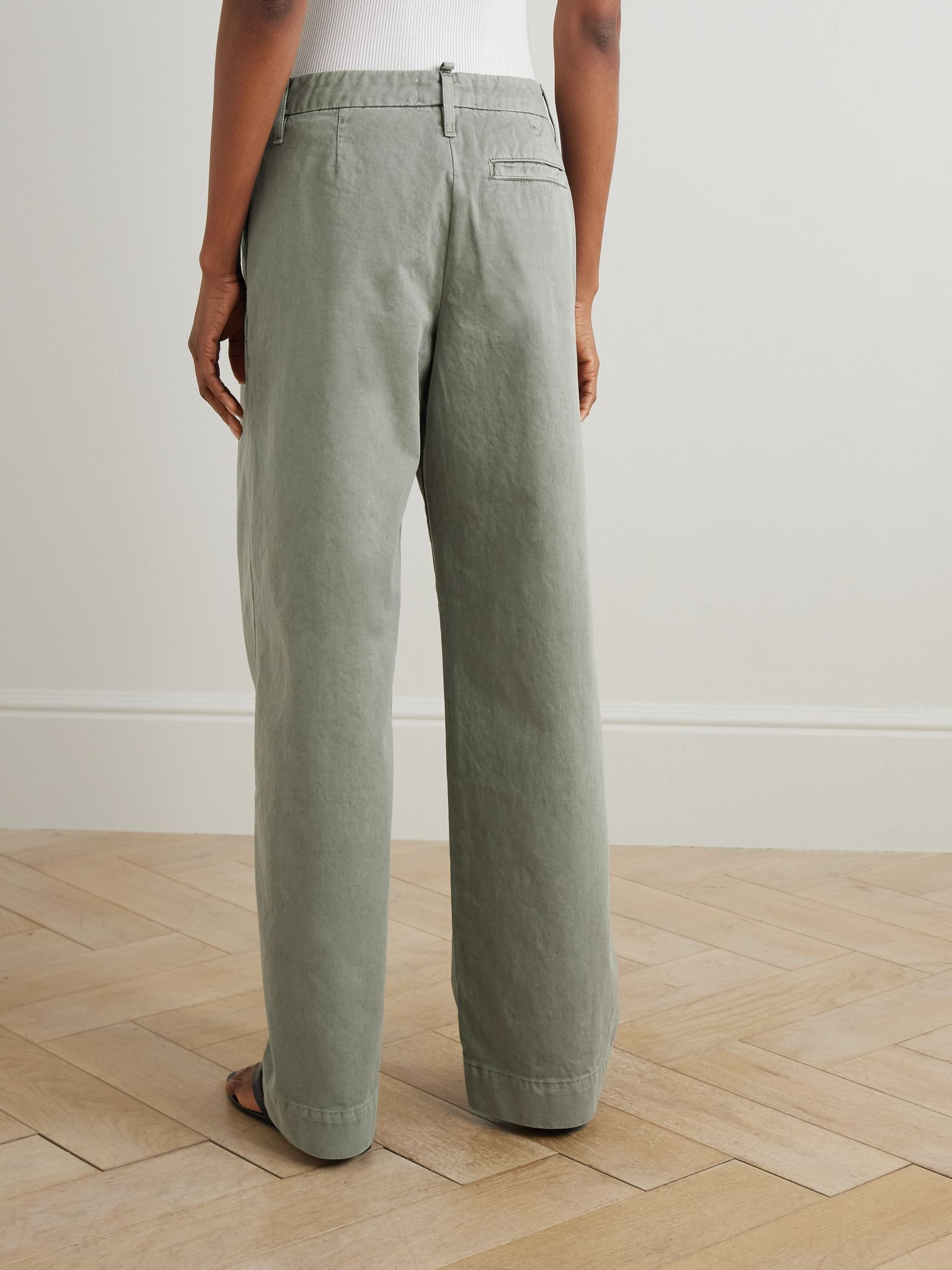 Pleated cotton wide-leg pants Sage green - 4