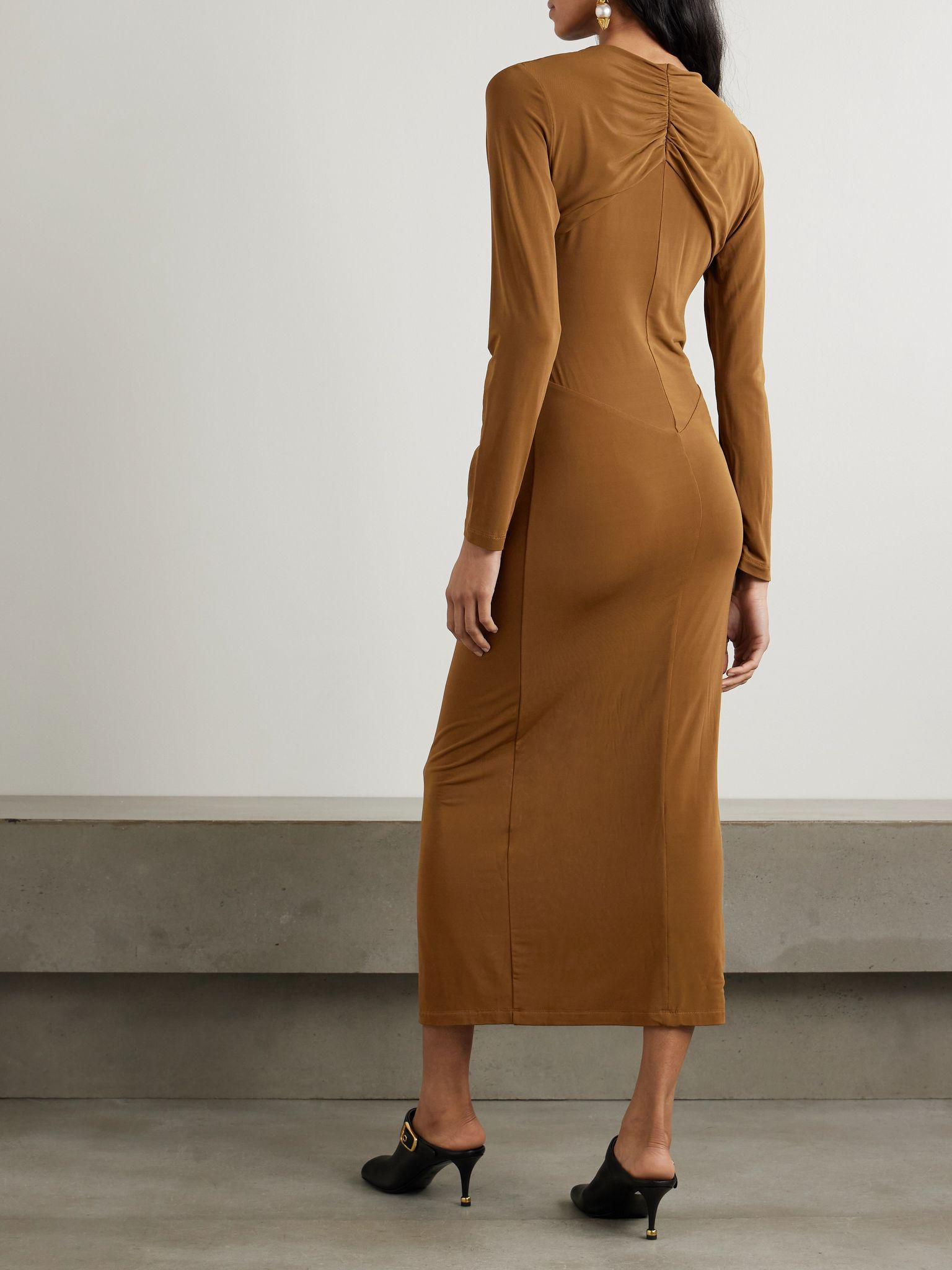 Evelina asymmetric knotted stretch-jersey midi dress Brown - 3