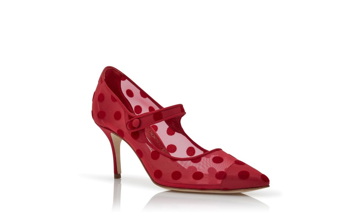 Red Mesh Polka Dot Pointed Toe Pumps - 3