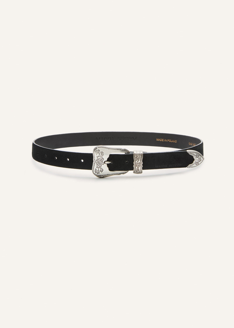 Engraved silver buckle belt in black suede 1