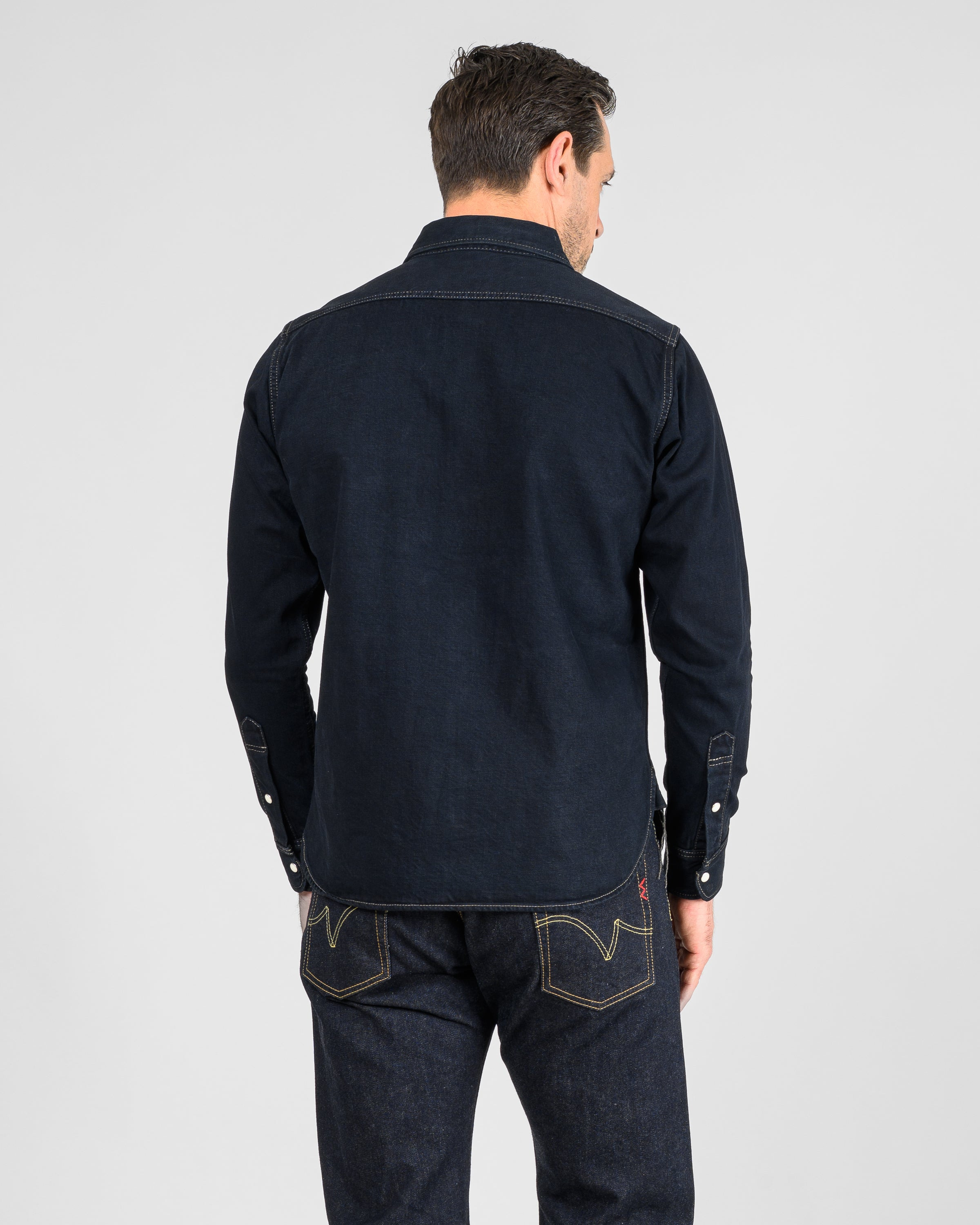 IHSH-326-OD 12oz Selvedge Denim Work Shirt With Snaps - Indigo Overdyed Black - 10
