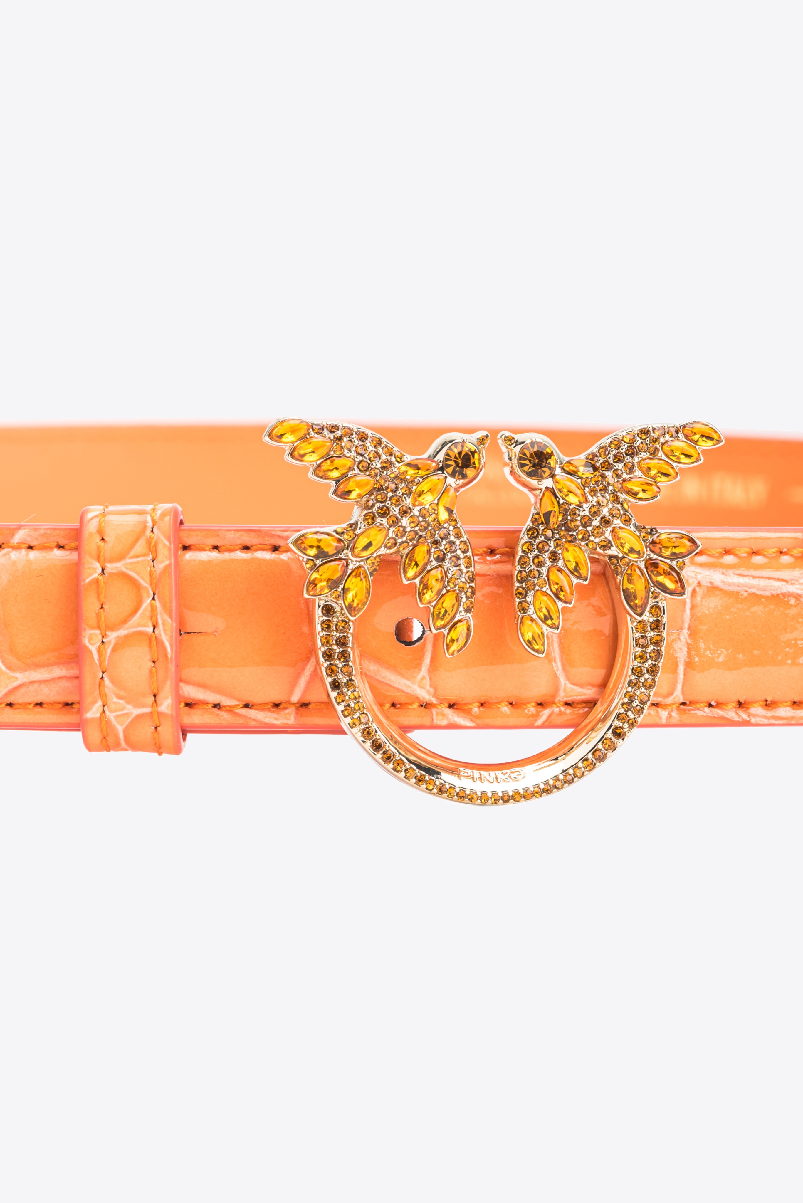 PINKO GALLERIA THIN 2CM SHINY COLOURED CROC-PRINT BELT WITH LOVE BIRDS BUCKLE - 2