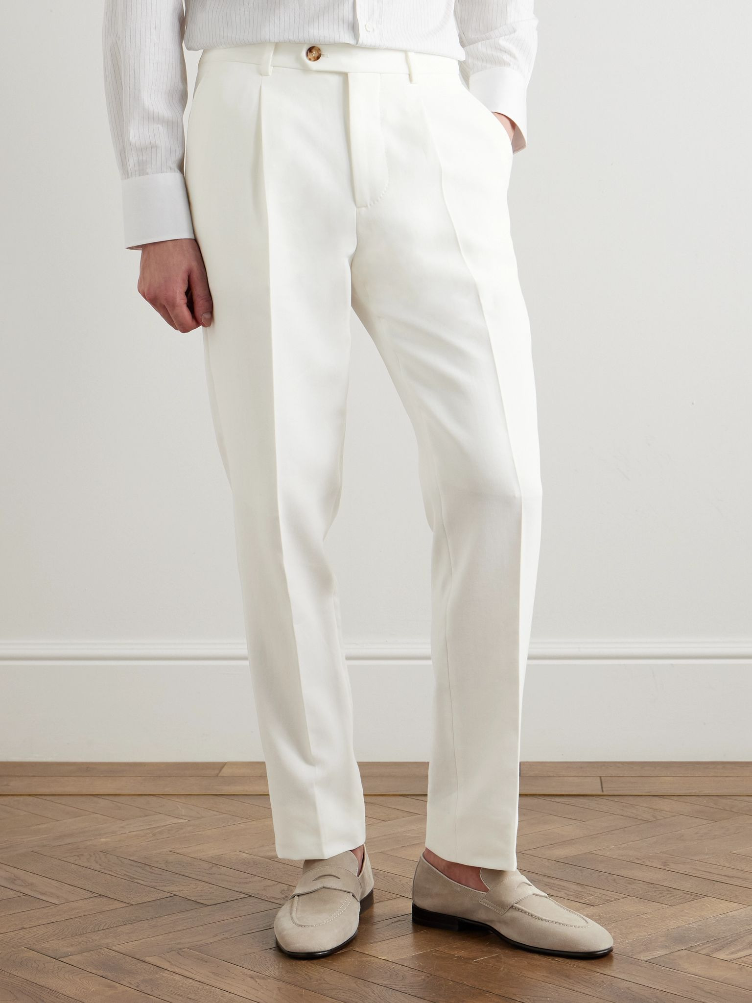 Slim-Fit Pleated Cotton-Twill Suit Trousers White - 3