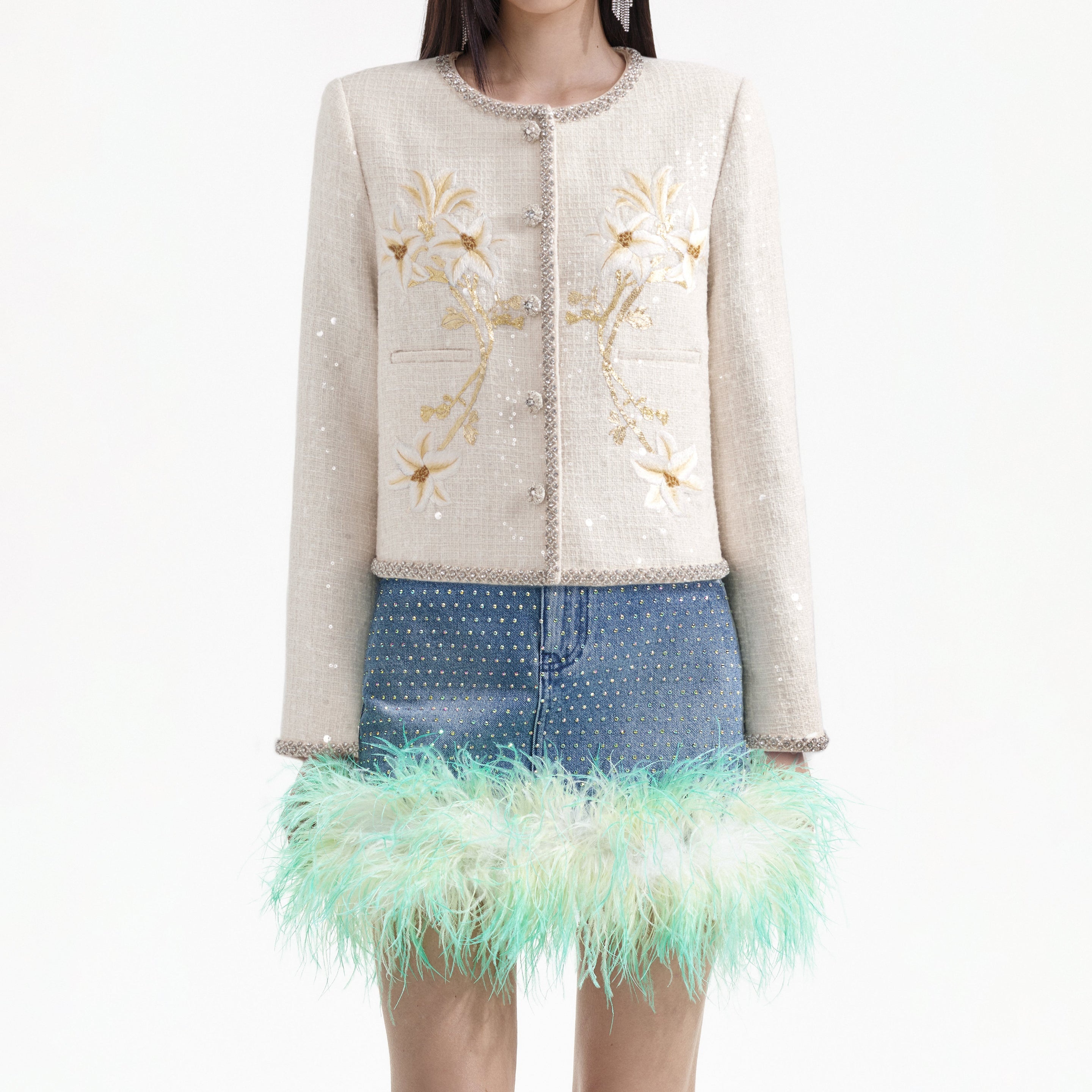 Cream Embroidered Boucle Jacket - 4