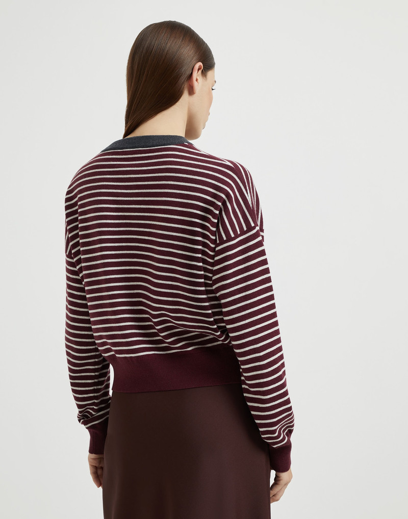 Brunello Cucinelli Virgin wool, cashmere and silk striped cardigan with contrast trims outlook