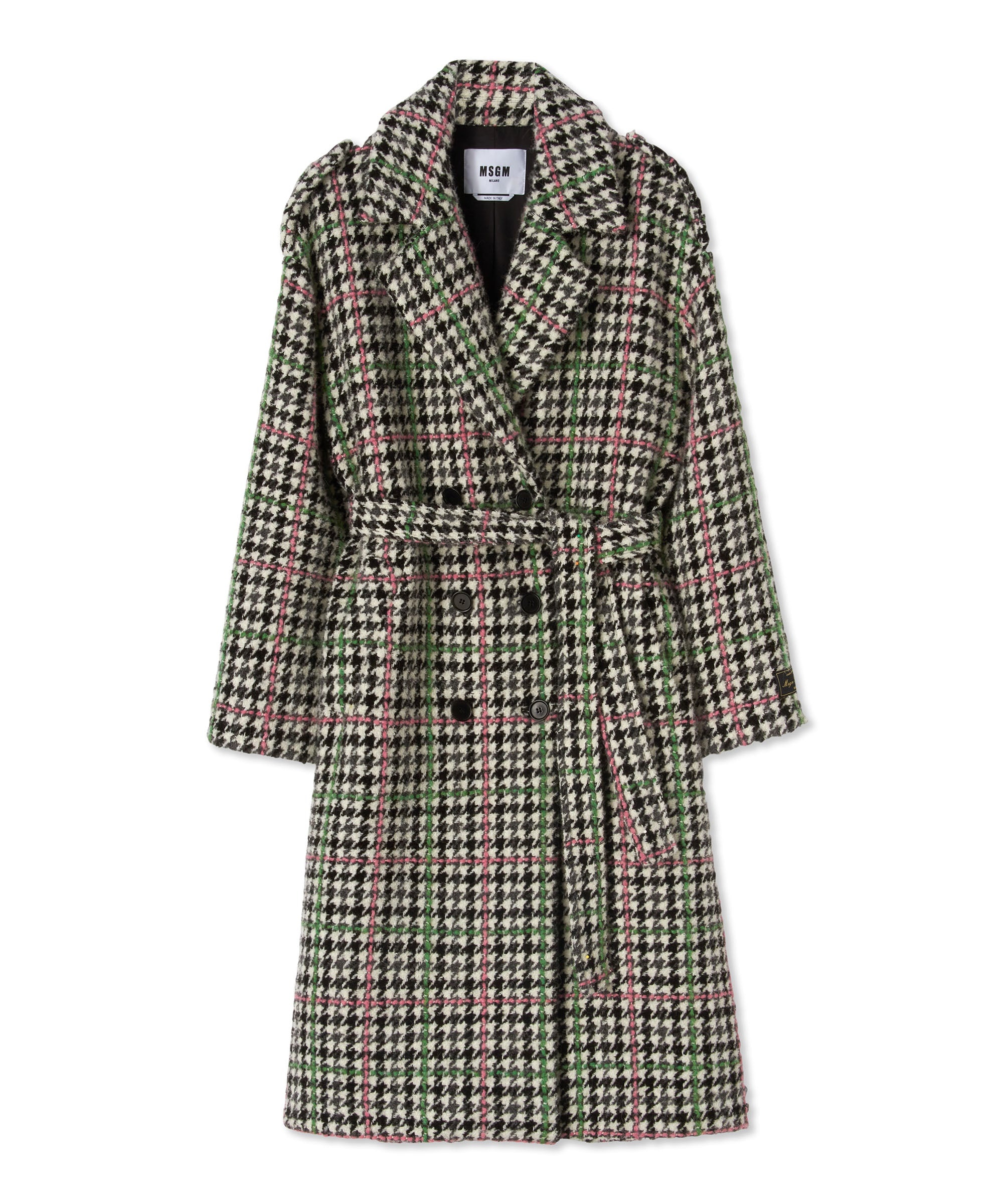 MSGM Wool double-breasted trench coat with belt and Houndstooth