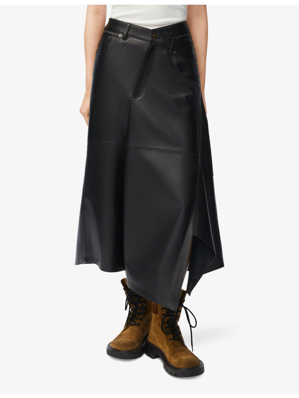 Mid-rise asymmetric leather midi skirt - 2