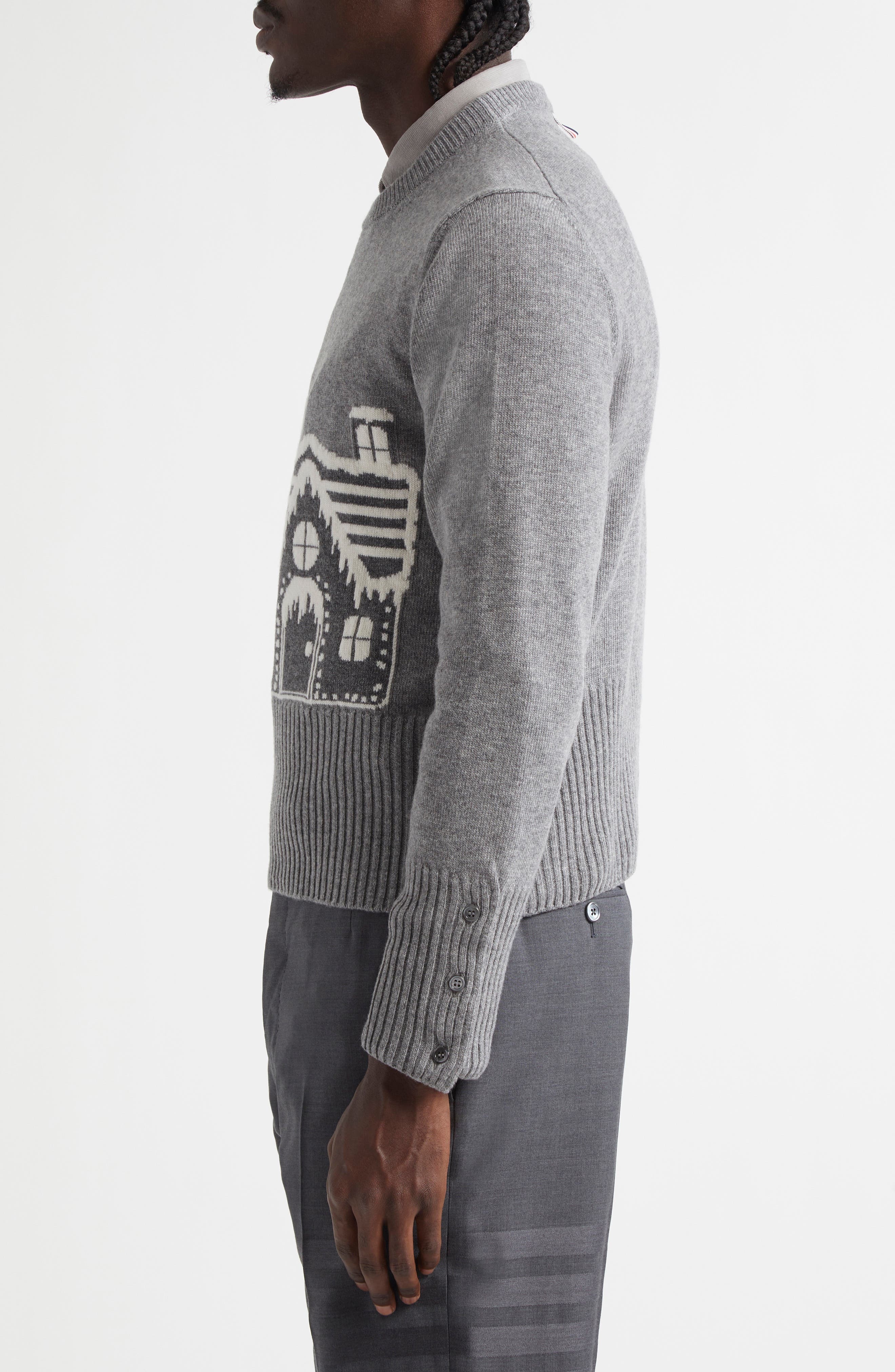 Thom Browne Holiday Scenery Virgin Merino Wool Crewneck Sweater in Light Grey at Nordstrom - 3