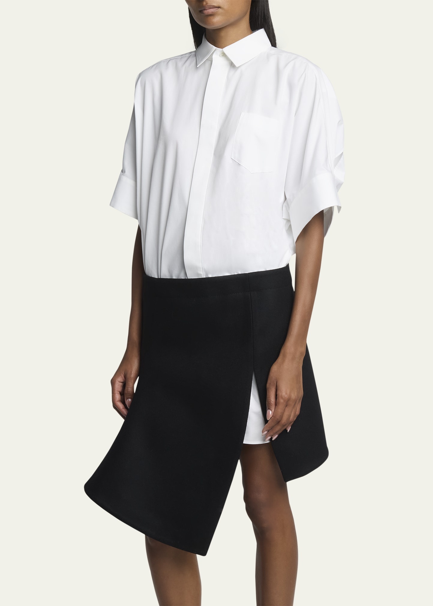 Button Down Midi Shirt Dress With Suiting Asymmetric Skirt - 4