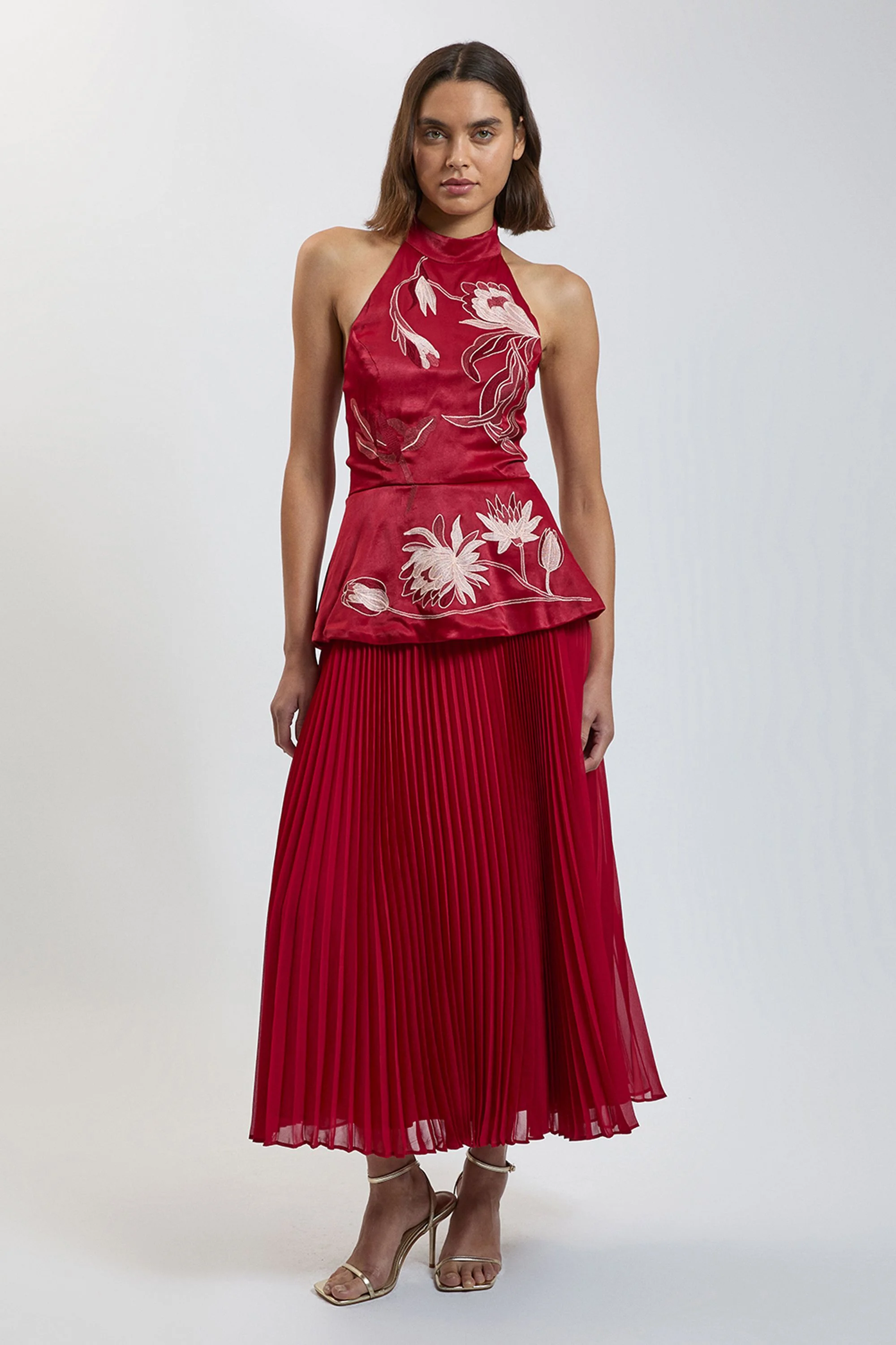 Petite Embroidered Halterneck Pleated Midi Dress - 1
