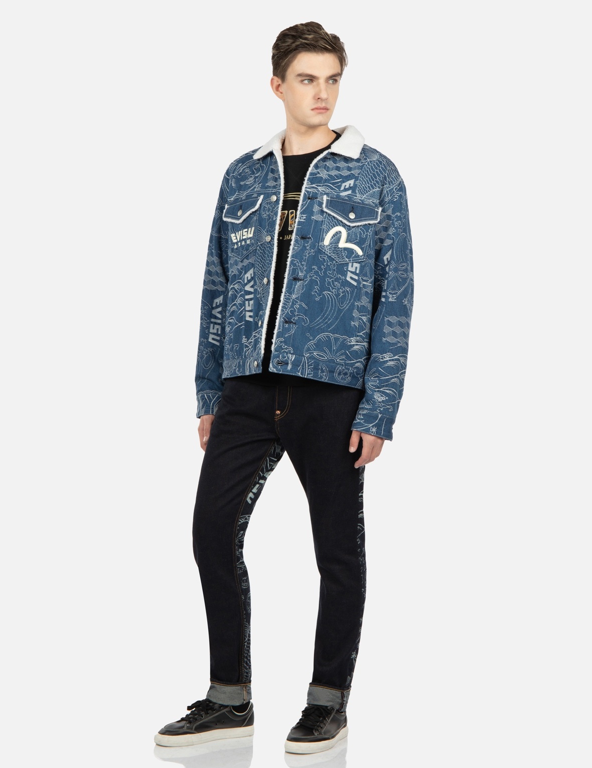 ALLOVER JAPANESE PATTERN JACQUARD SHERPA-LINED DENIM JACKET - 3