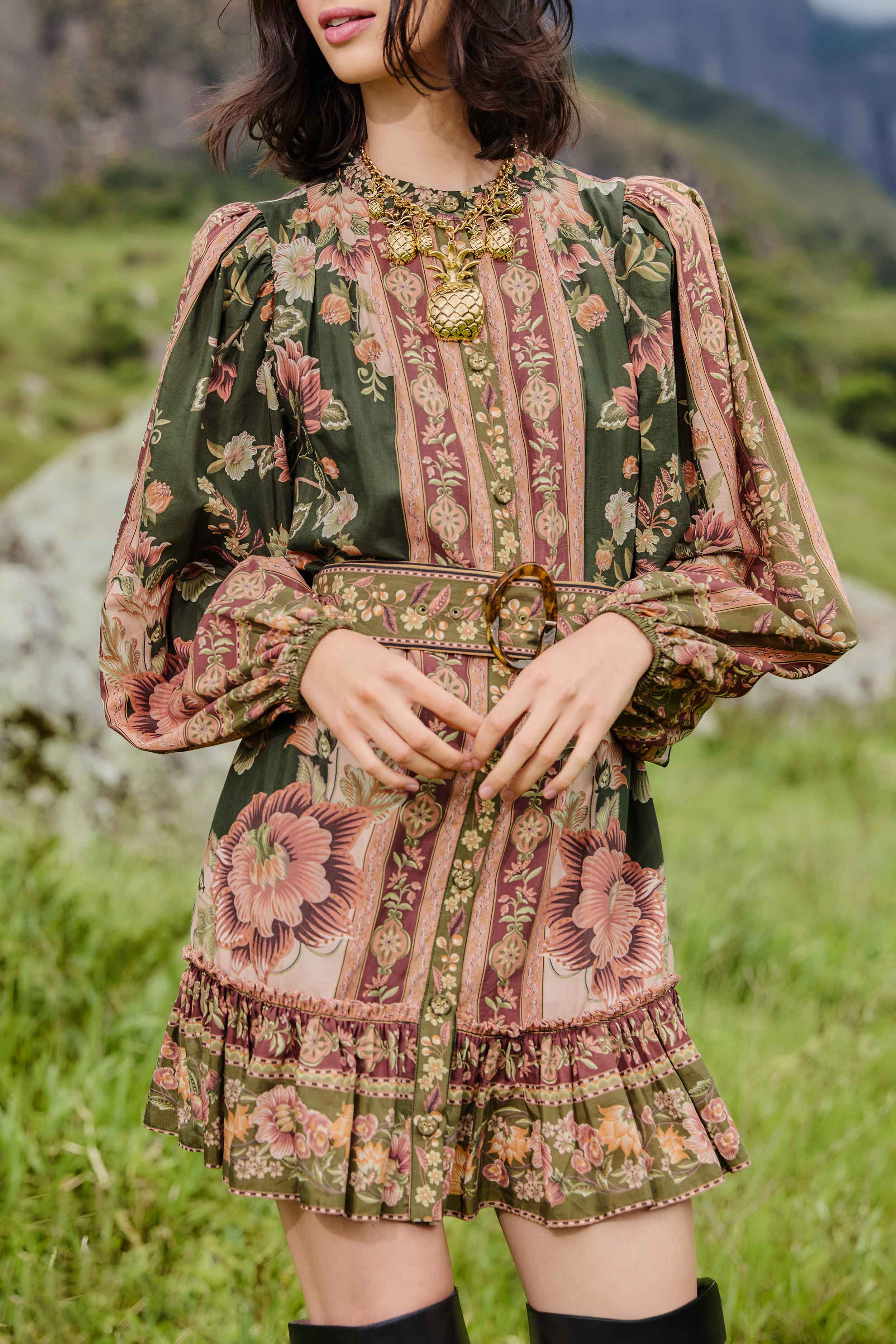 Green Flowering Garden Tree Mini Dress - 2