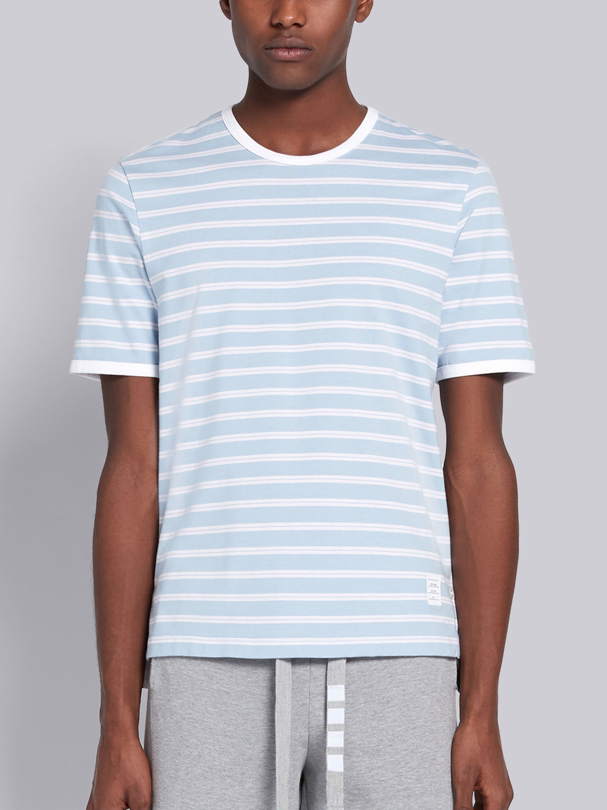 Light Blue Cotton Hairline Stripe Short Sleeve Ringer T-shirt - 1