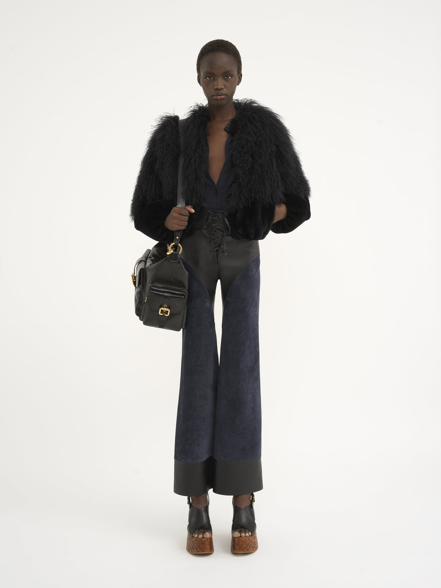 LACE-UP FLARED PATCHWORK PANTS IN LEATHER - 3