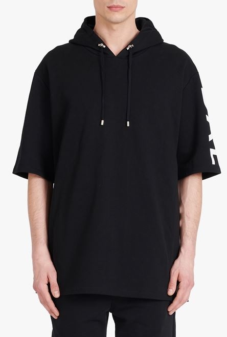 Oversized black eco-designed cotton hooded sweatshirt with white Balmain logo print - 5