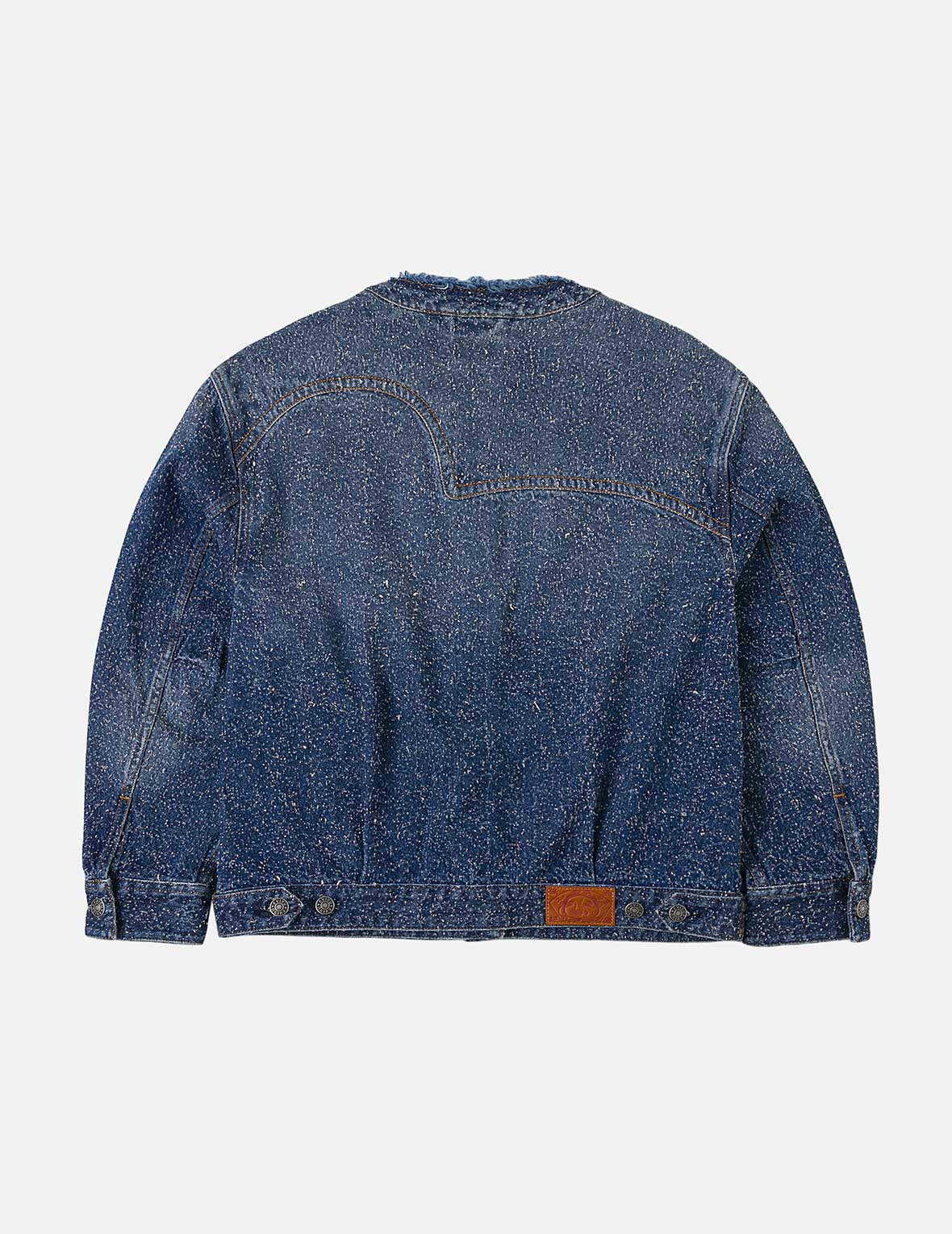 Leather Trim Fashion Fit Collarless Denim Jacket - 4