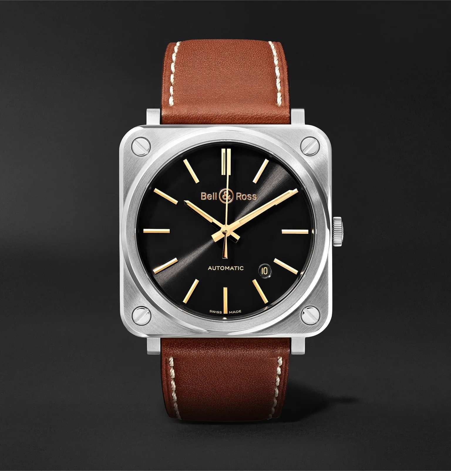 BR S-92 Golden Heritage Automatic 39mm Stainless Steel and Leather Watch, Ref. No. BRS92-ST-G-HE/SCA - 1