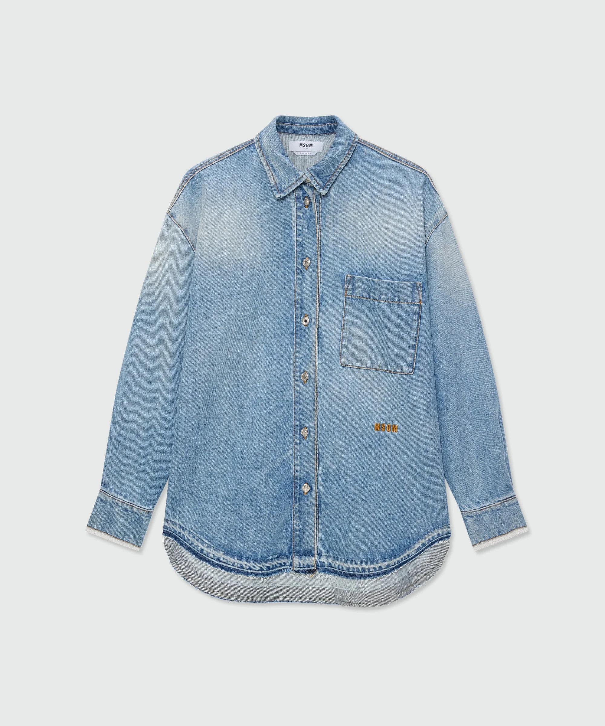 Stone-washed denim shirt with lace detail on the cuffs - 1
