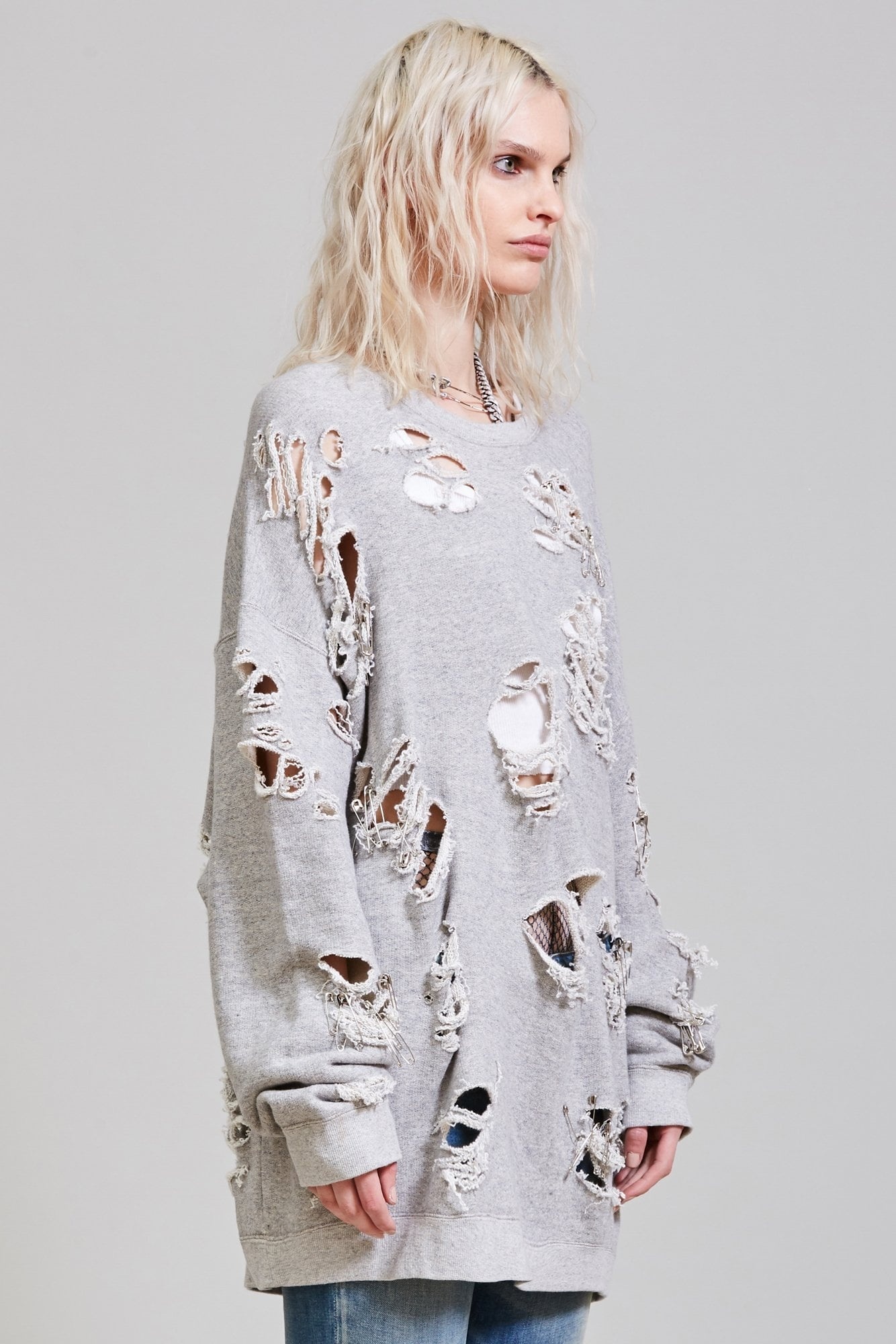 Super Distressed Oversized Crewneck - Heather Grey | R13 Denim - 4