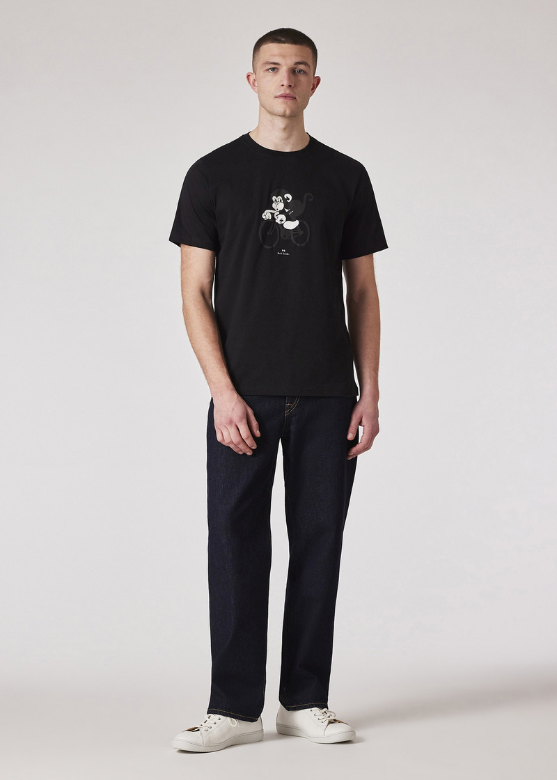 Black Cotton 'Cycling Monkey' Print T-Shirt 5