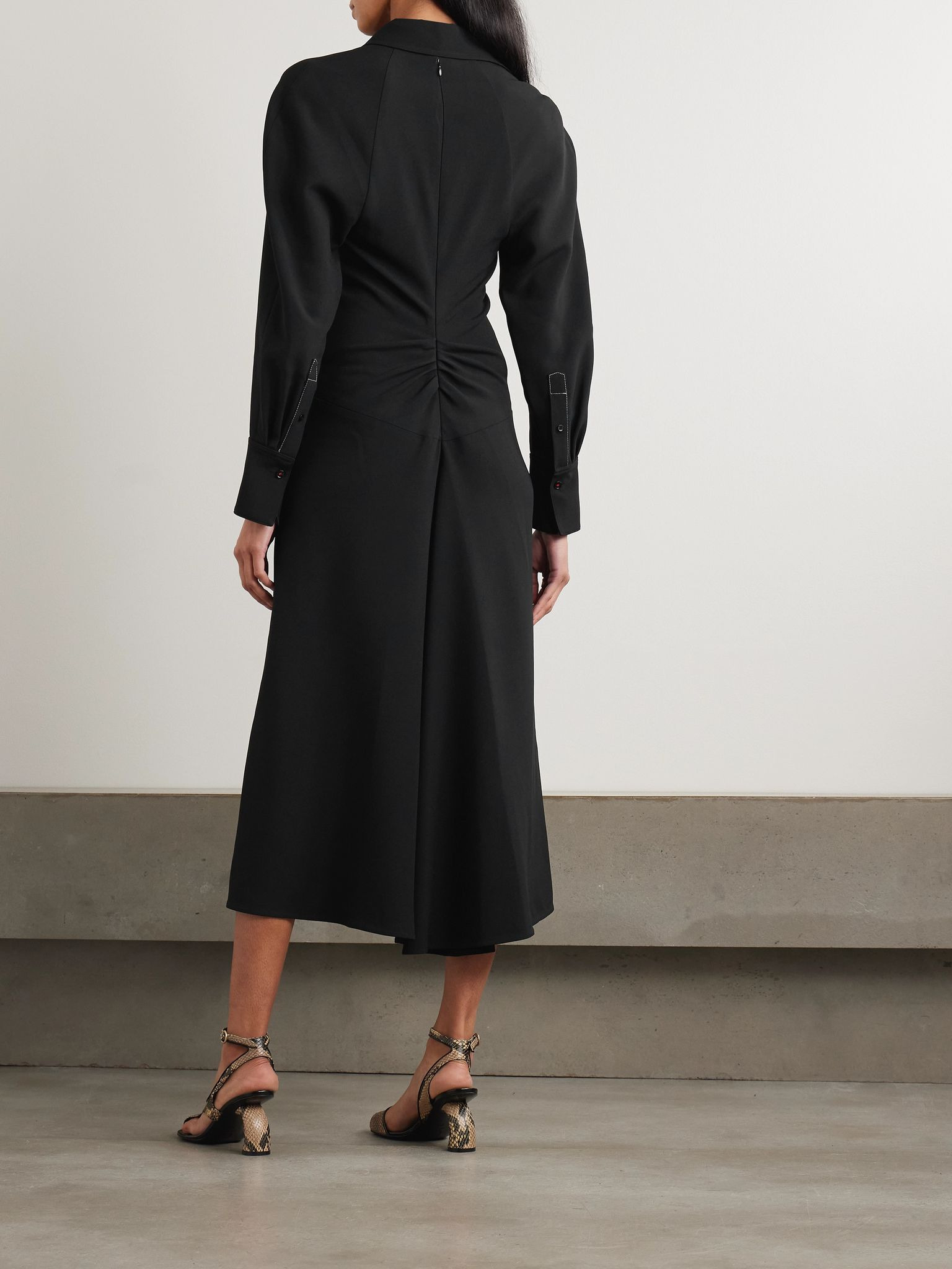Asymmetric gathered crepe shirt dress Black - 3