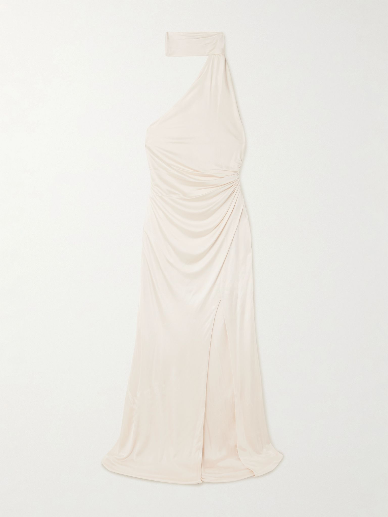 One-shoulder paneled ruched satin-jersey halterneck gown Off-white - 1