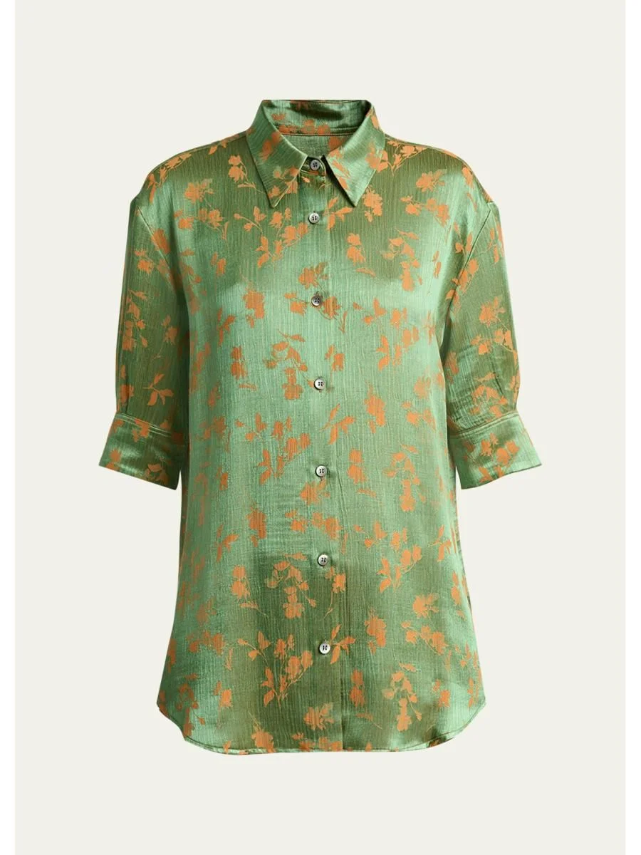 Floral Jacquard Elbow-Sleeve Button-Down Shirt - 1