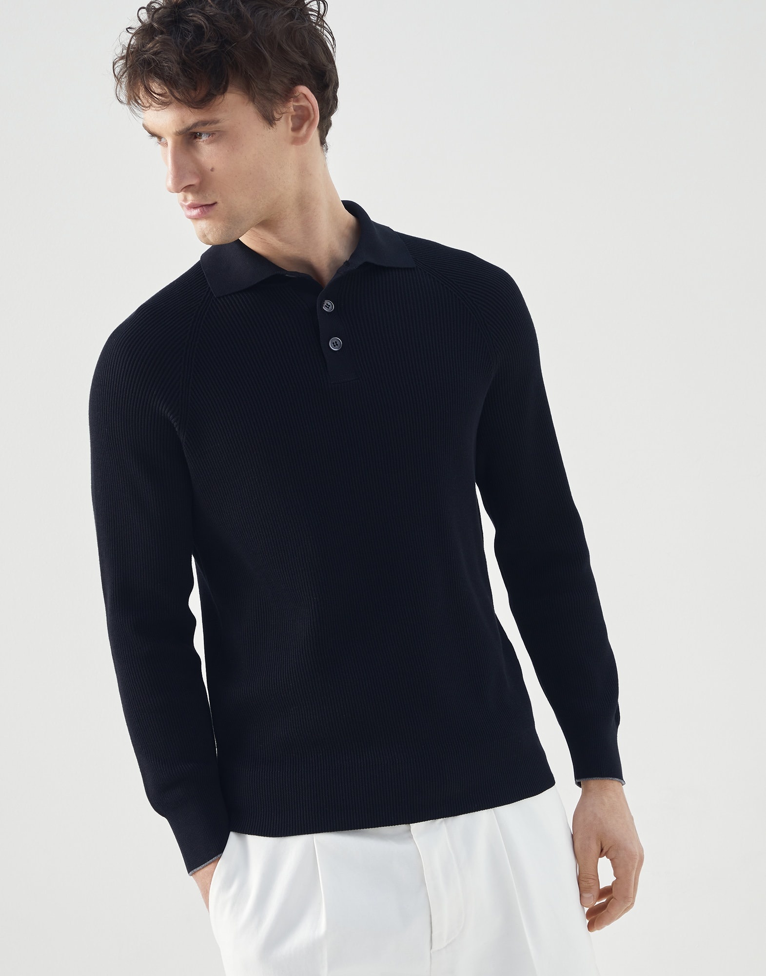 Cotton English rib polo-style sweater with raglan sleeves - 1