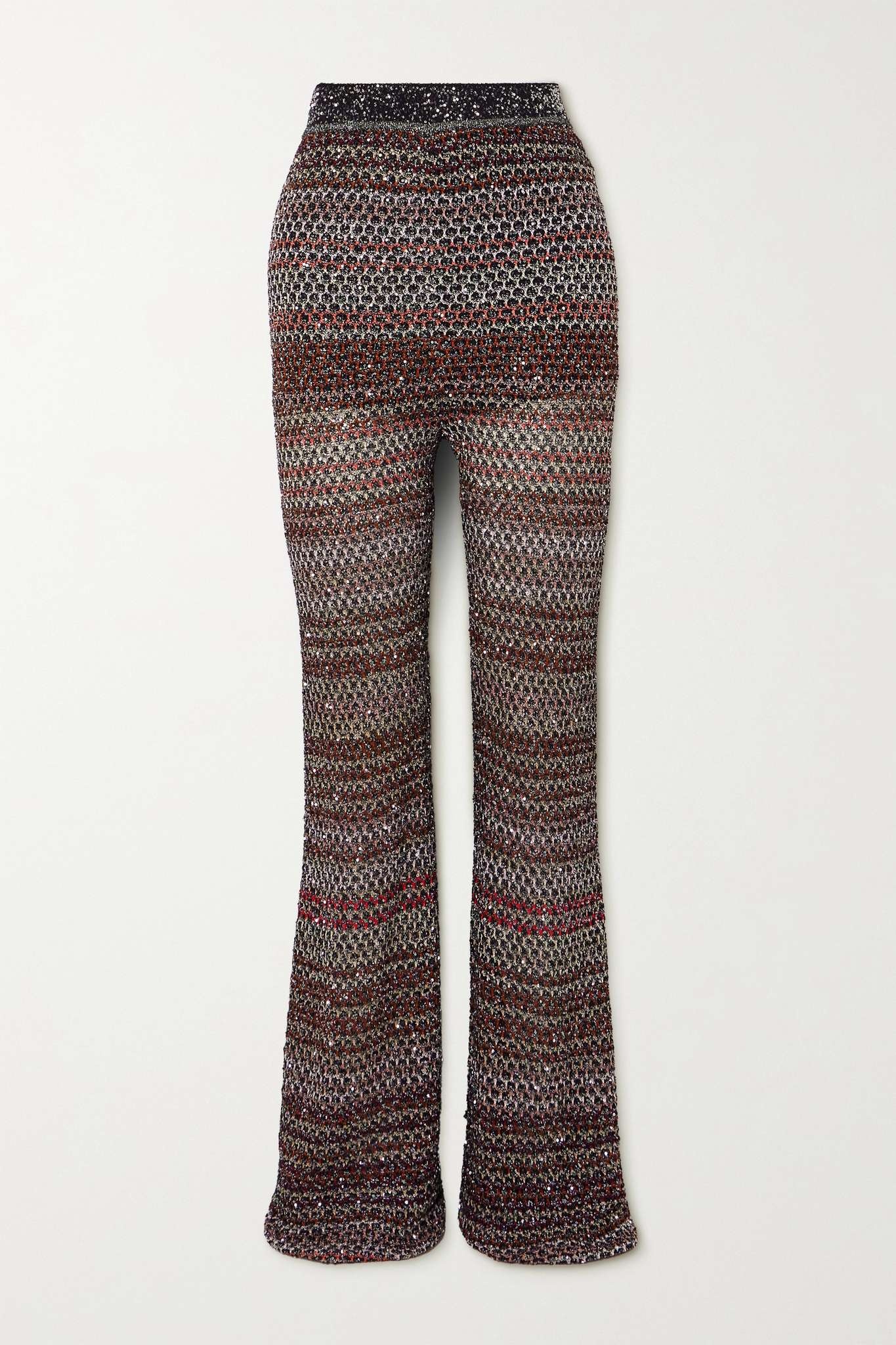 Sequin-embellished striped metallic crochet-knit flared pants - 1