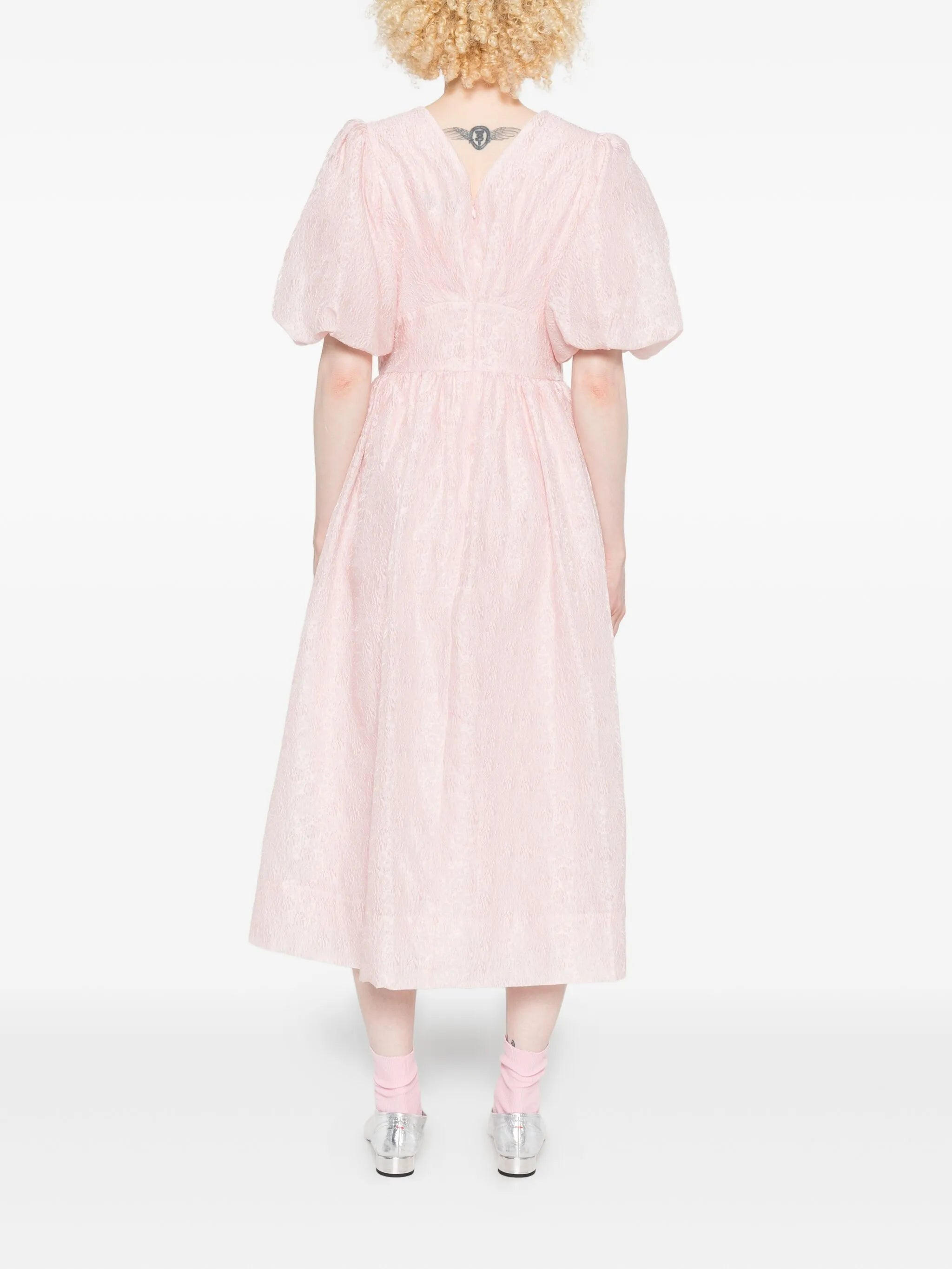 Sea Puff-sleeve V-neck Midi Dress - 2