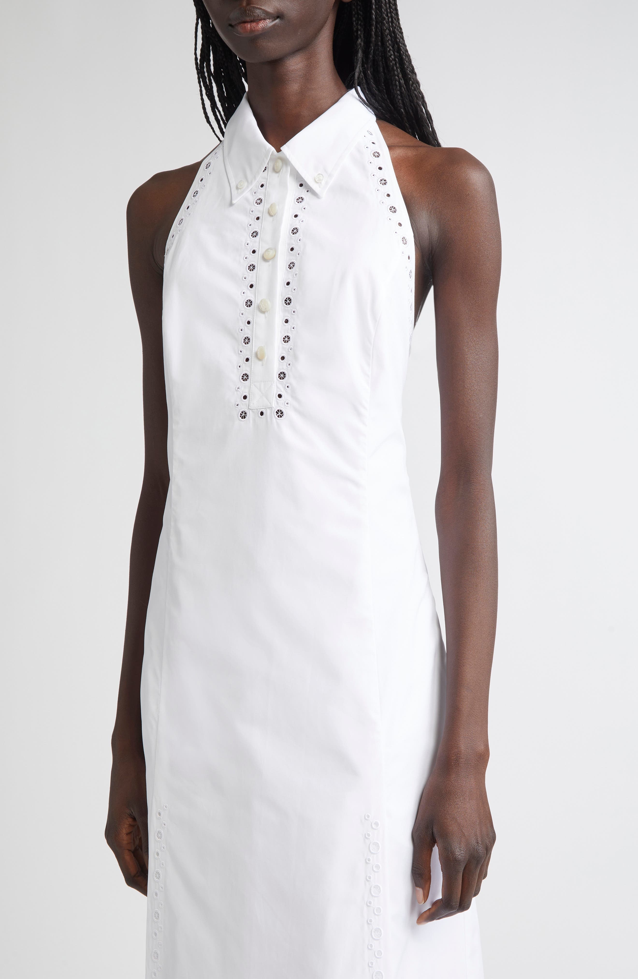 Thom Browne Eyelet Embroidered Cotton Poplin Halter Polo Dress in White at Nordstrom - 4