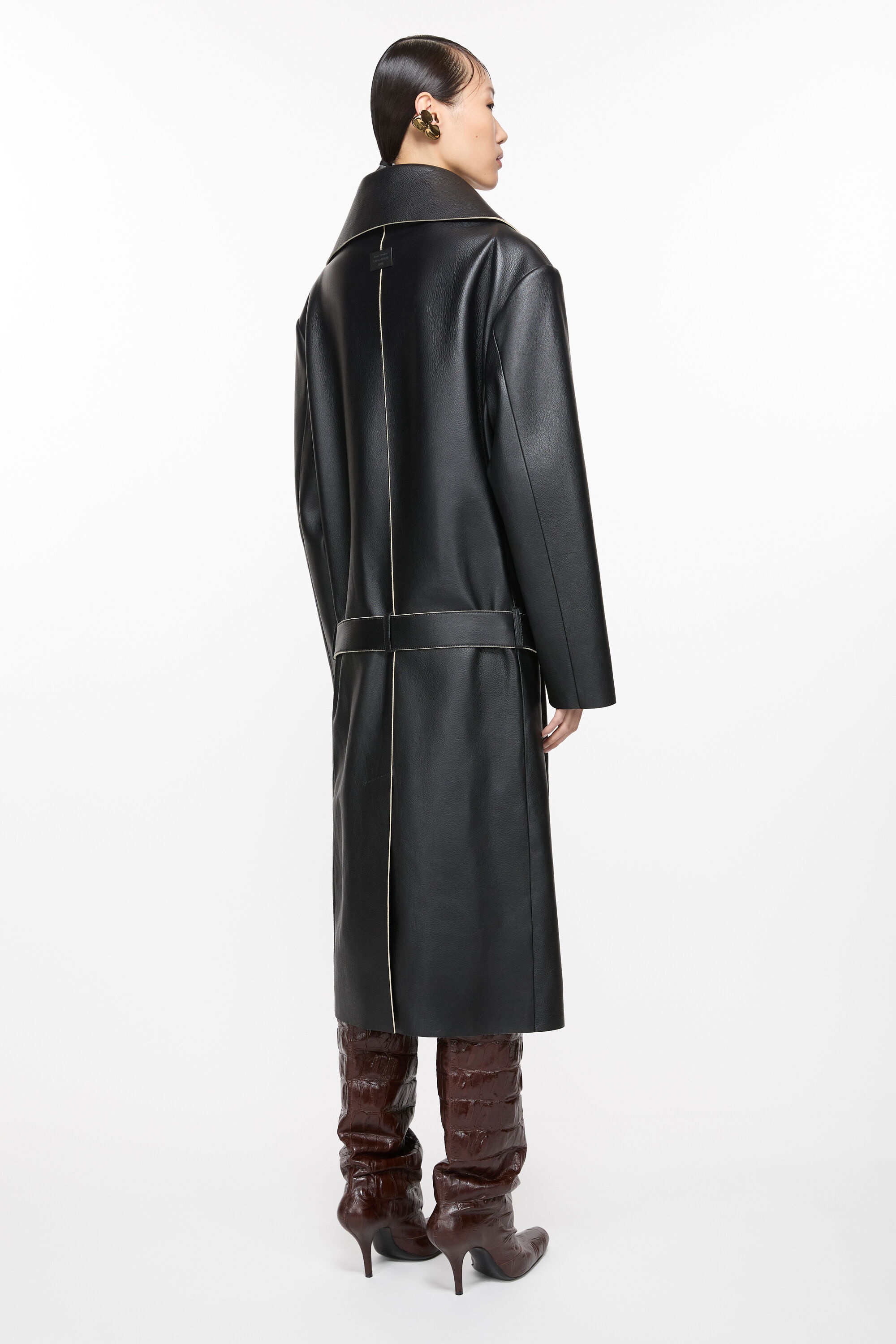 Double-breasted leather coat - Black - 4