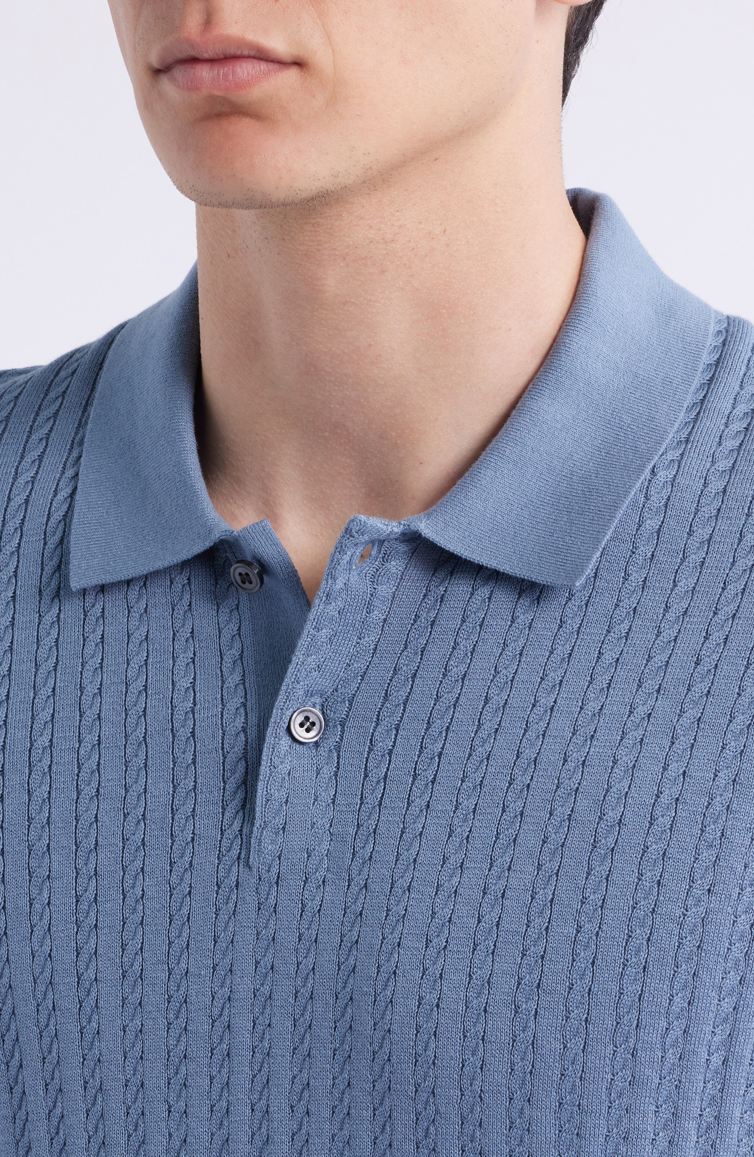 Theory Cable Short Sleeve Cotton Blend Polo Sweater in Rainstorm at Nordstrom - 2