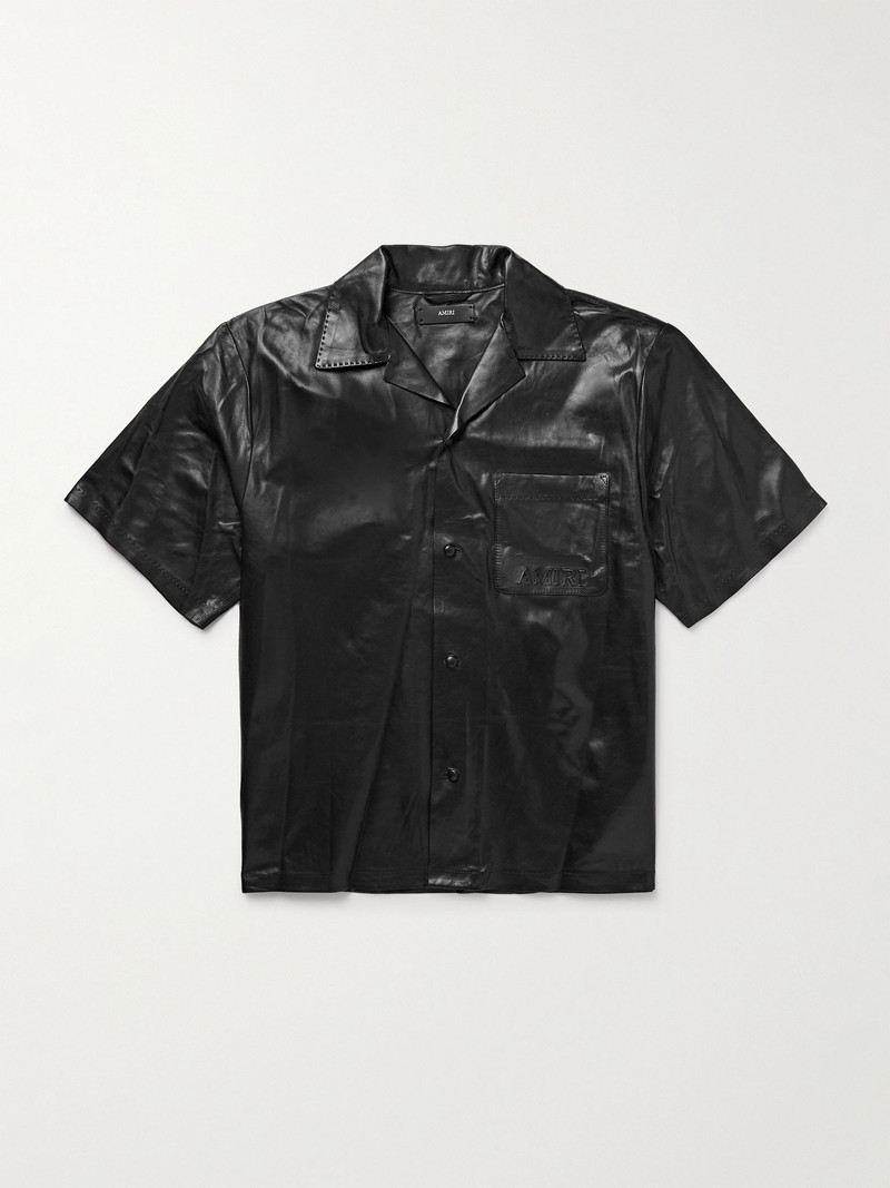 Camp-Collar Logo-Embossed Leather Shirt Black 1