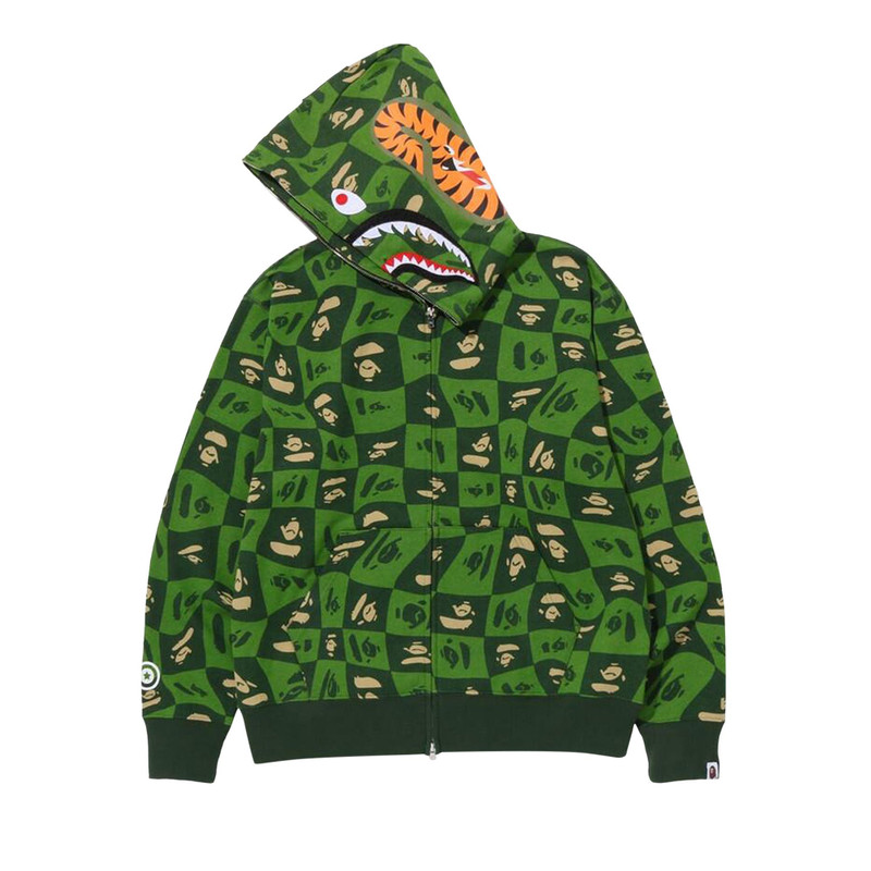 A BATHING APE® BAPE Distortion Shark Relaxed Fit Full Zip Hoodie 'Green' outlook