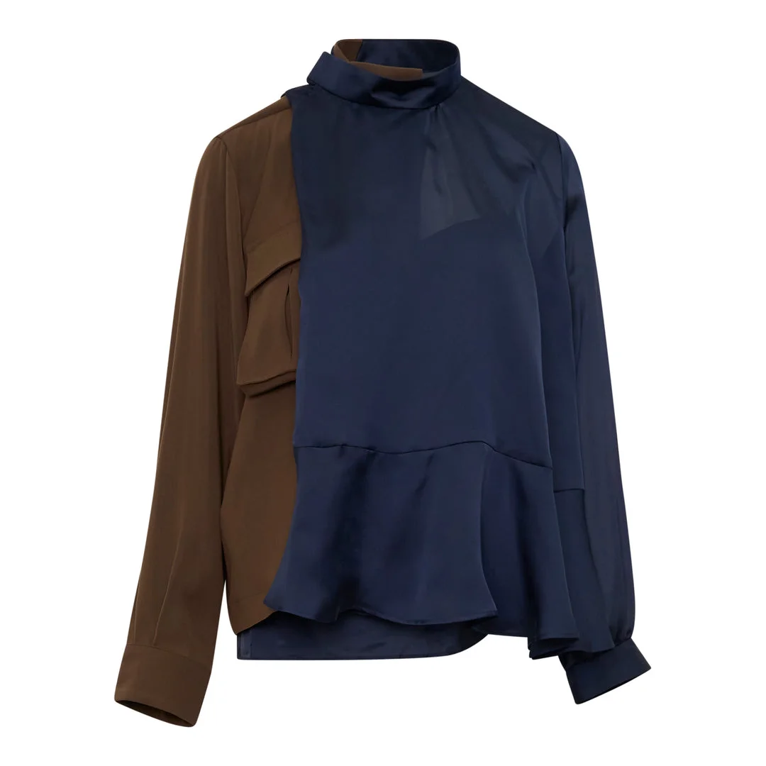 Crepe Back Satin Contrast Blouse - 1