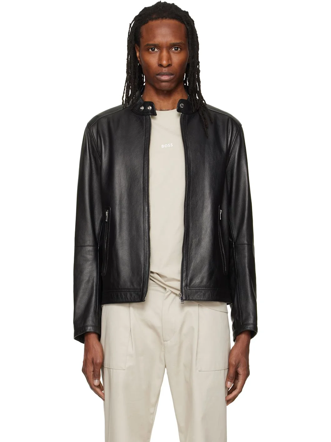 Black Logo Trim Grained Leather Jacket - 1