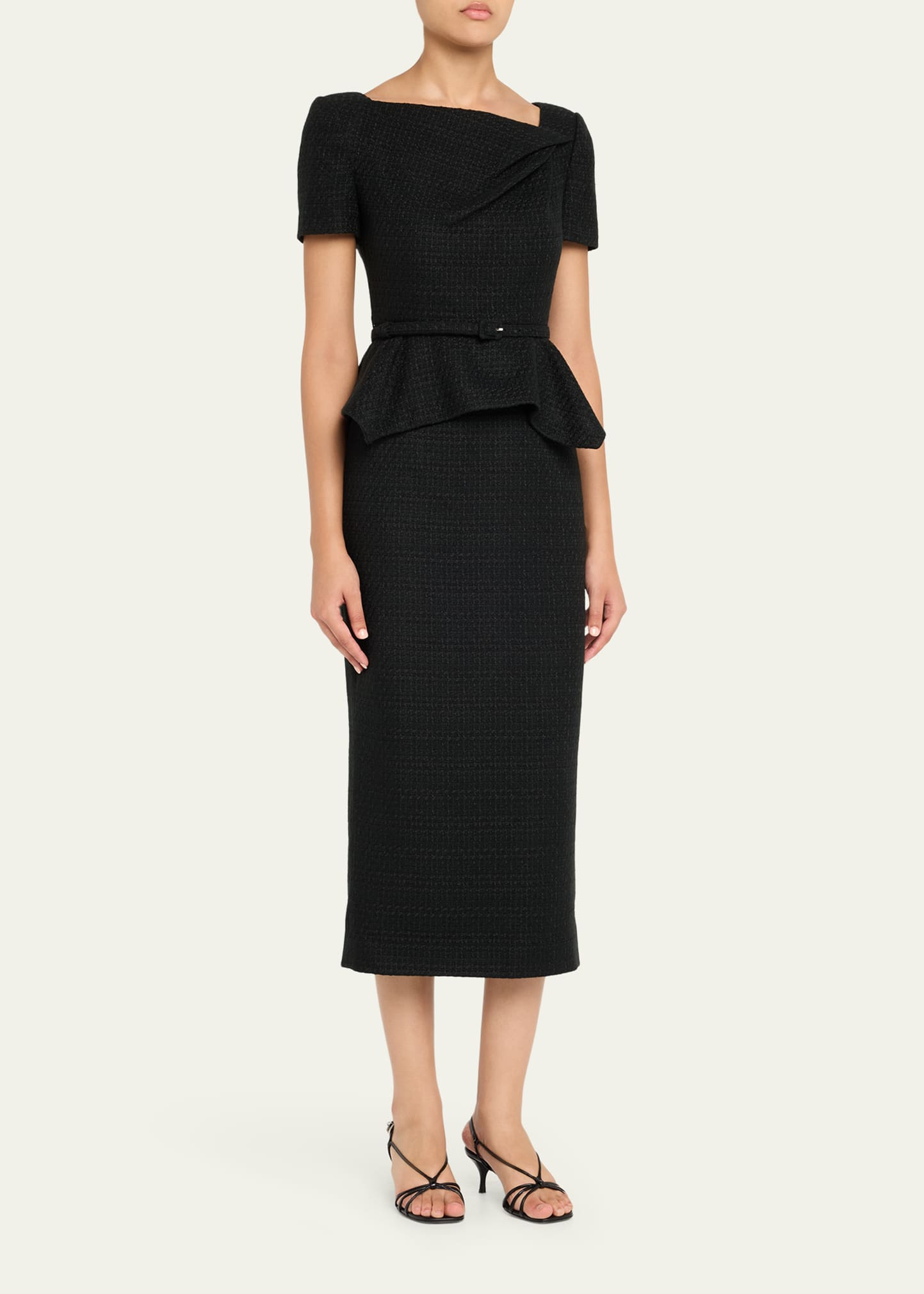 Asymmetric Twist Boucle Belted Peplum Midi Dress - 4