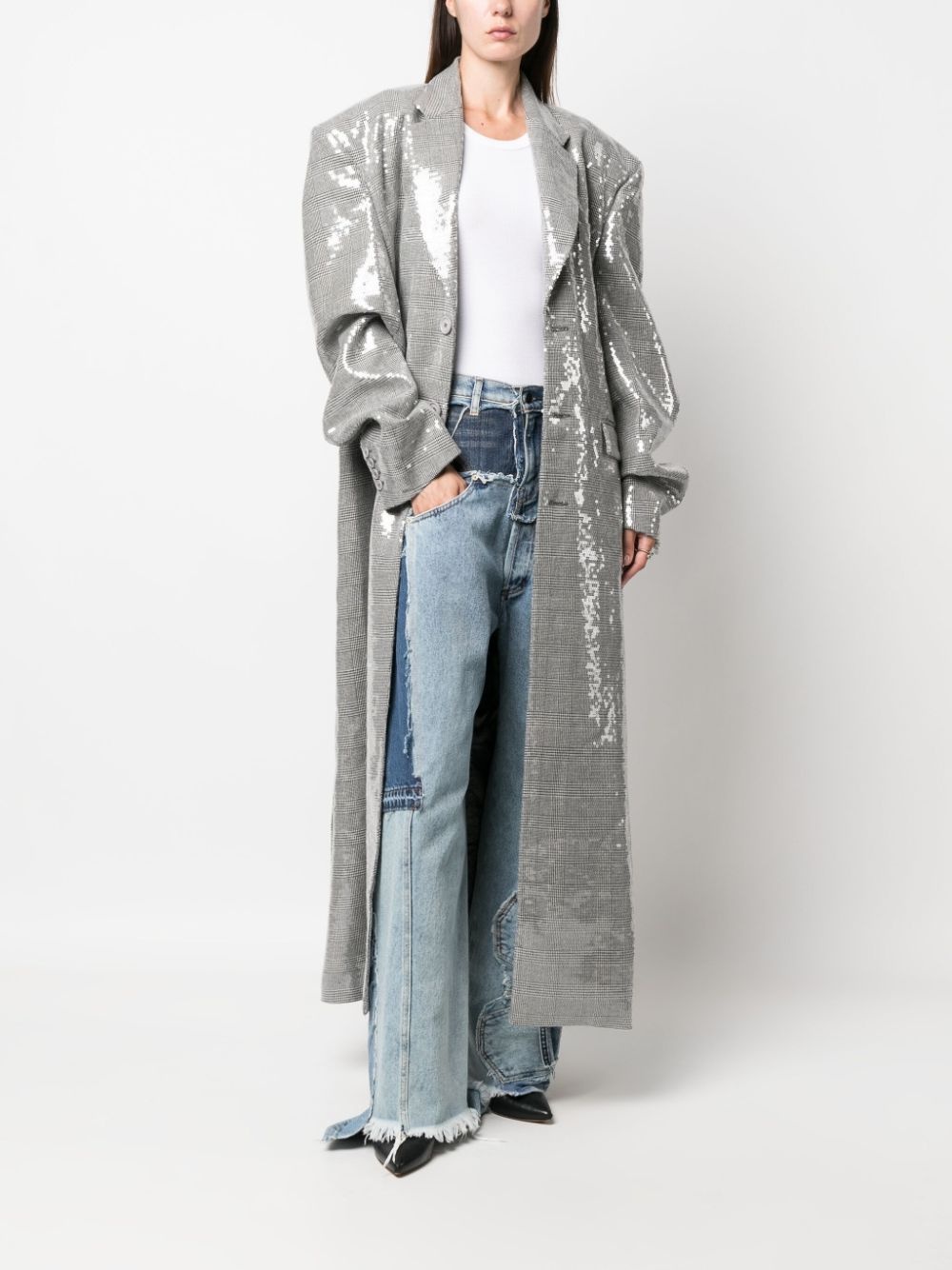sequin-embellished checked coat - 3