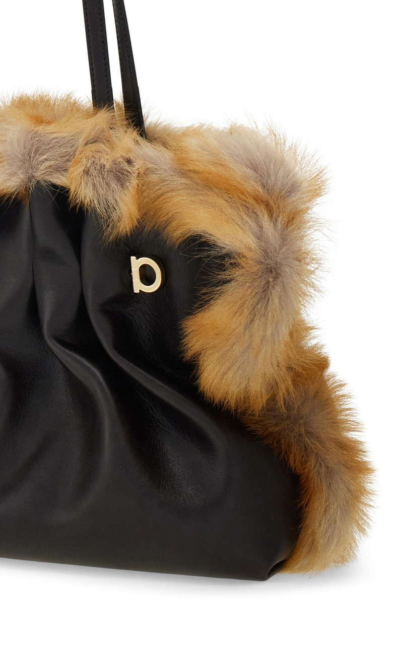 Soft Medium Shearling-Trimmed Leather Shoulder Bag black 6