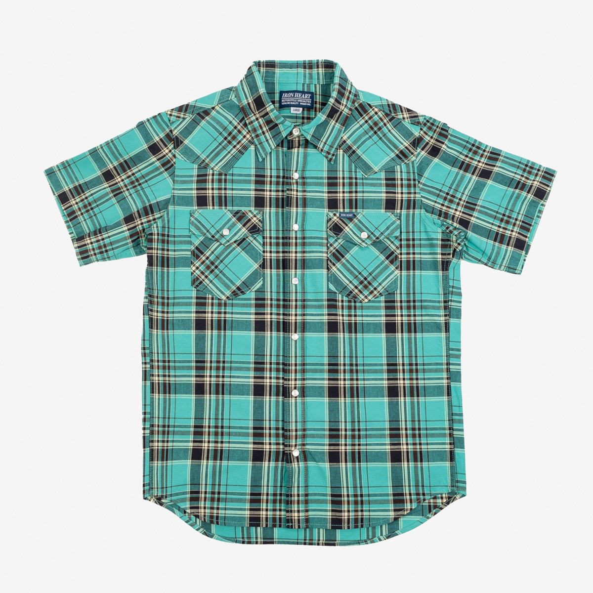 IHSH-359-GRN 5oz Selvedge Madras Check Short Sleeved Western Shirt - Green - 1
